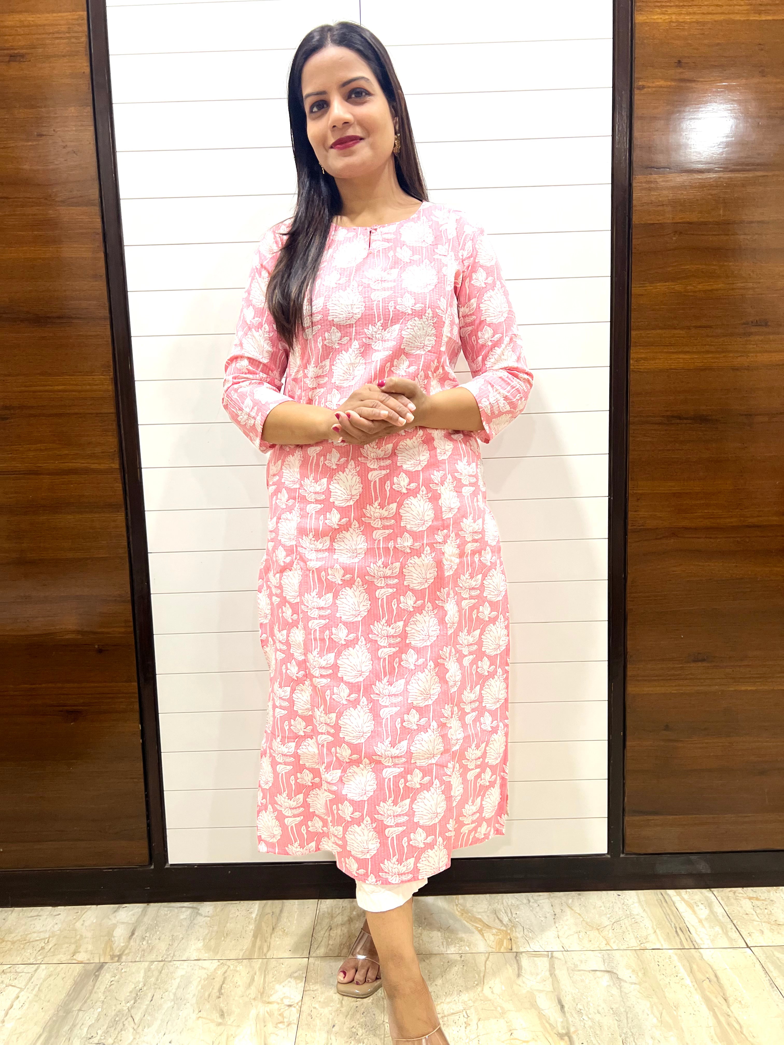 Mumzhug Pink Jaipuri Kantha Print Pure Cotton Feeding Kurta