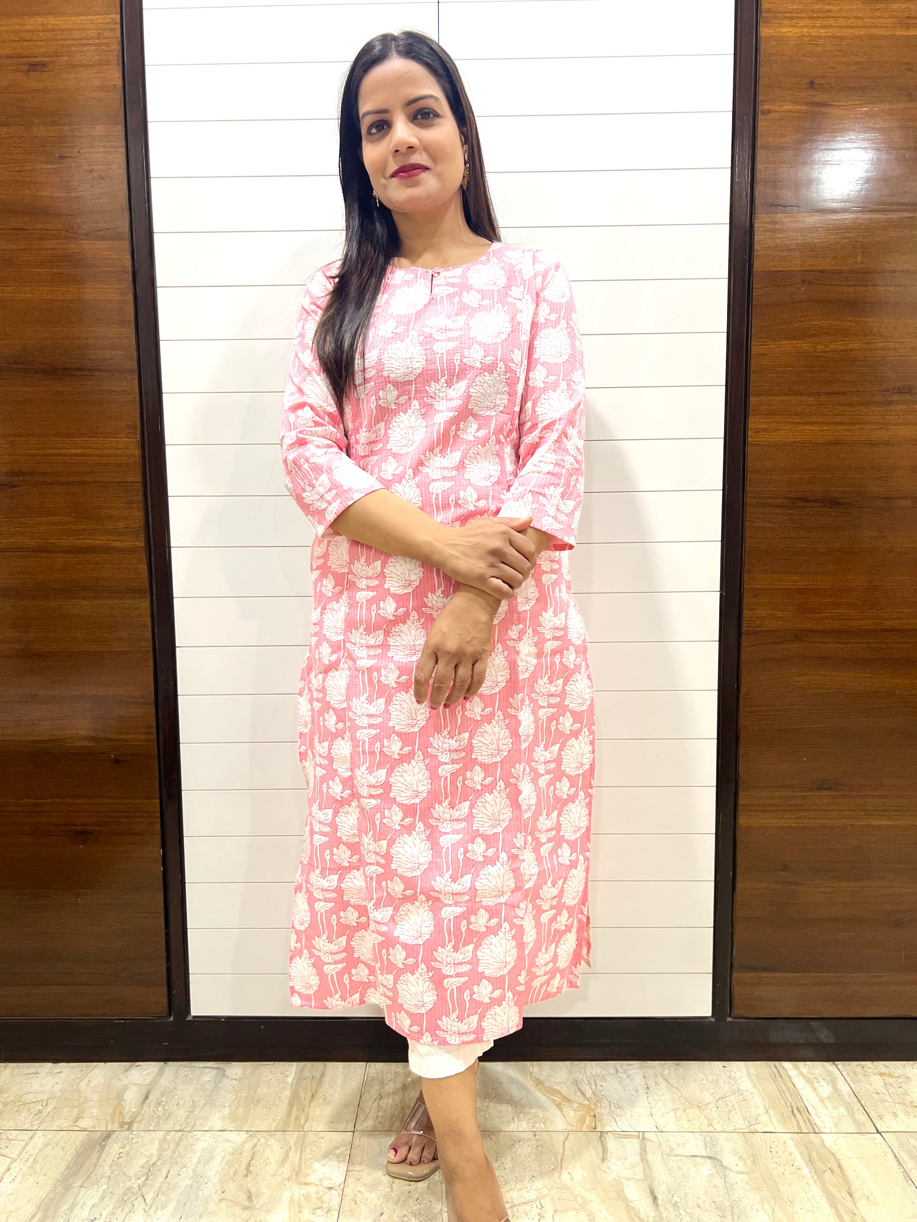 Mumzhug Pink Jaipuri Kantha Print Pure Cotton Feeding Kurta