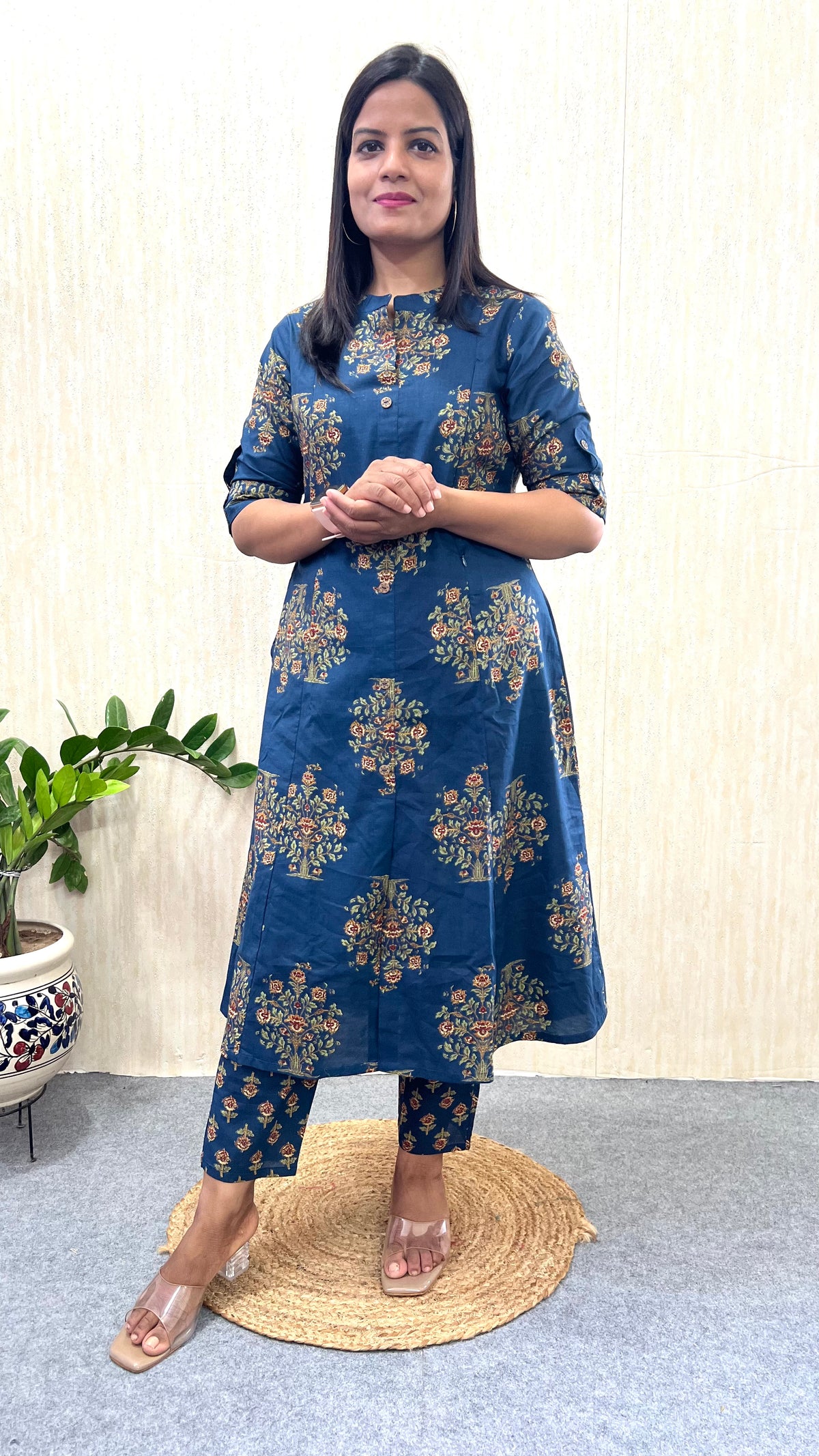 Mumzhug “Neel Gul” – Navy Blue Jaipuri Print Pure Cotton Feeding & Maternity Co-ord Set