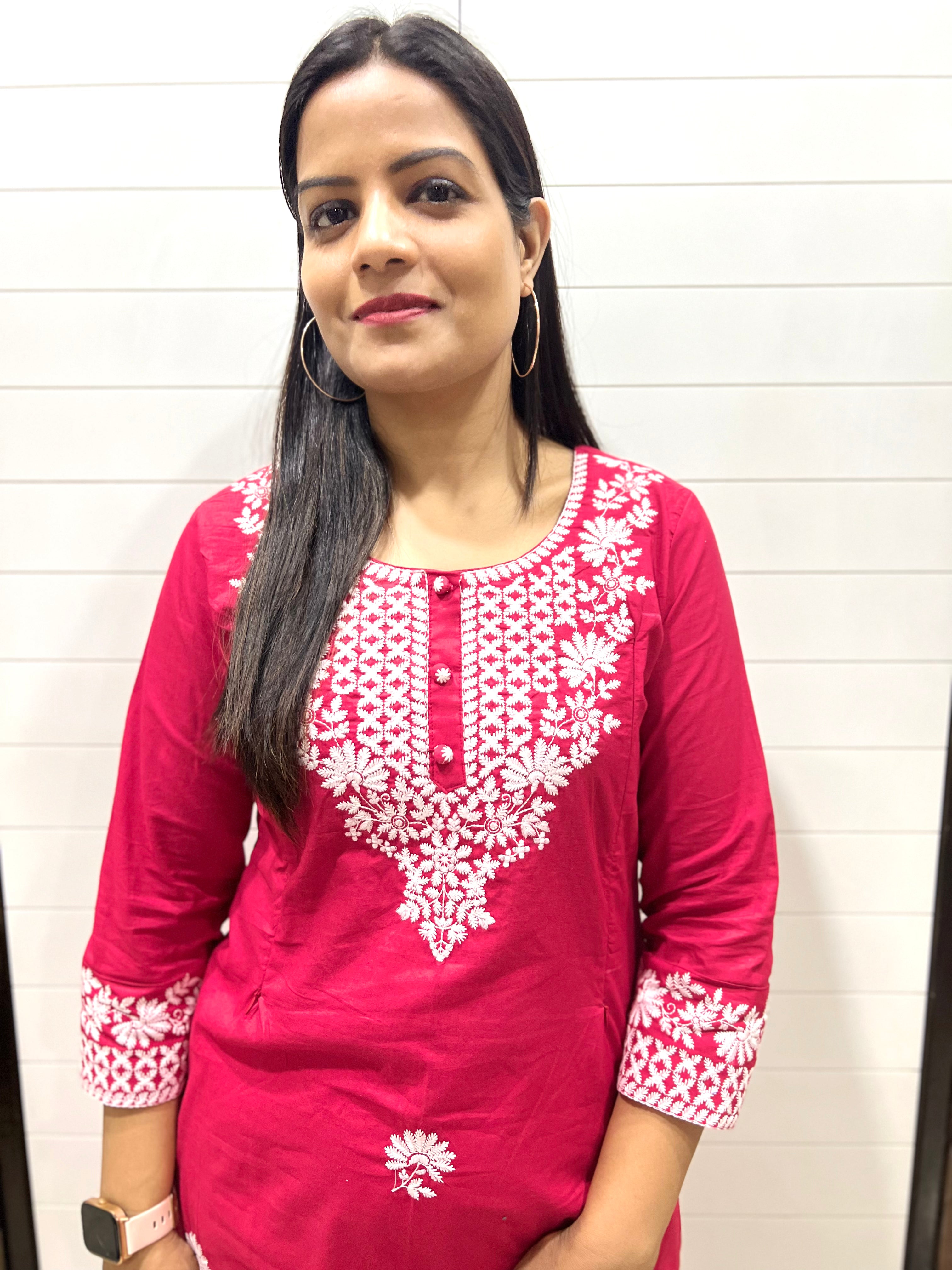 Mumzhug Red Pure Cotton Embroidered Feeding Kurta with both side feeding Zipper