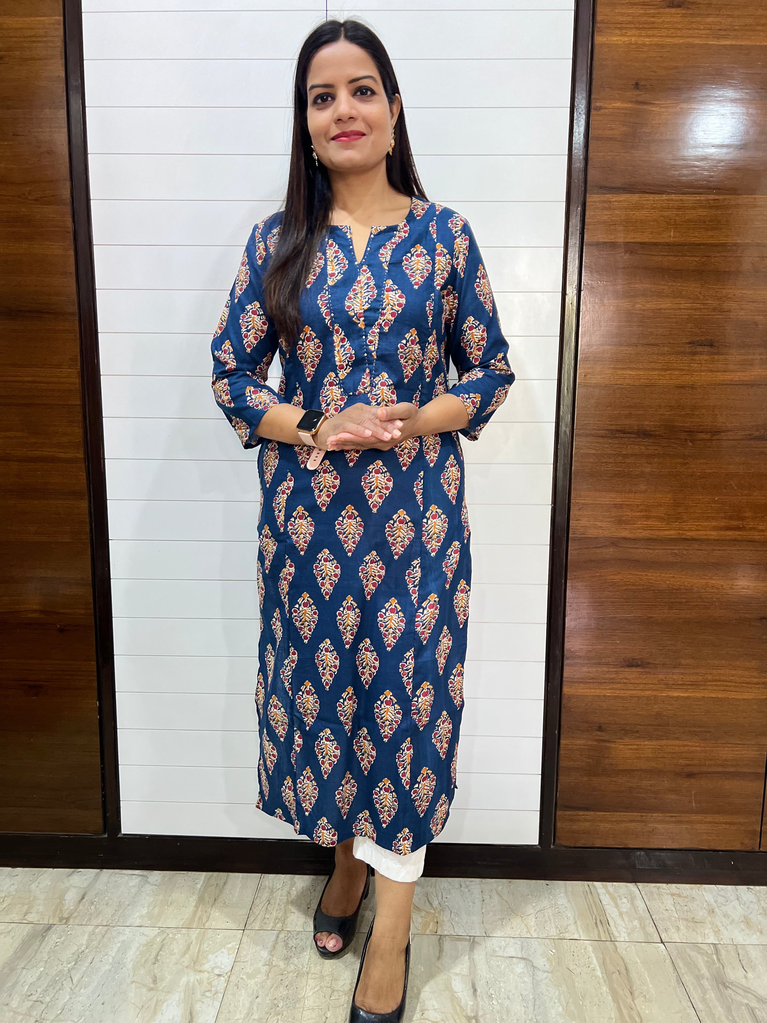 Mumzhug Blue Jaipuri Print Pure Cotton Feeding Kurta