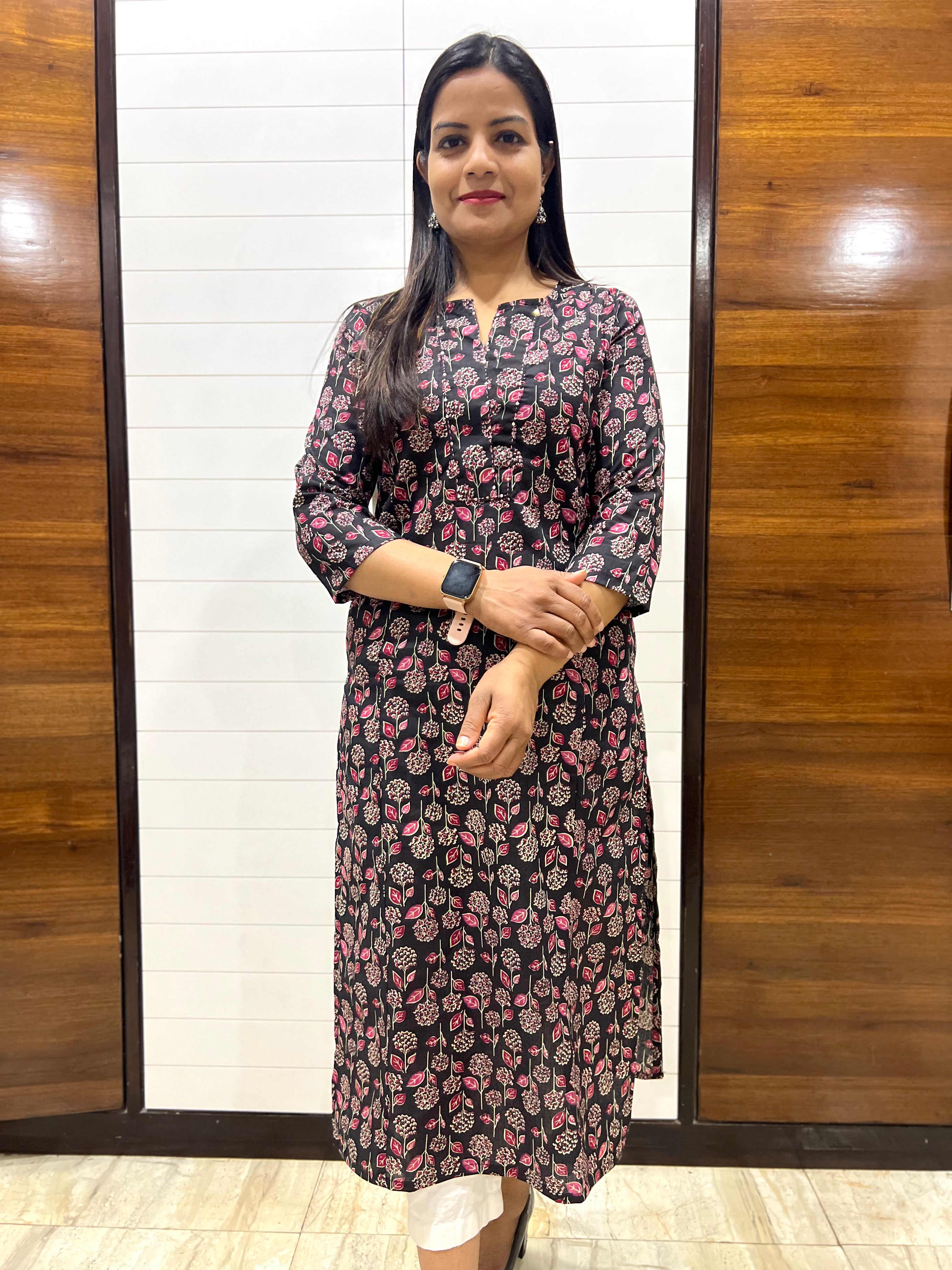 Mumzhug Black Color Jaipuri Print Pure Cotton Feeding Kurta