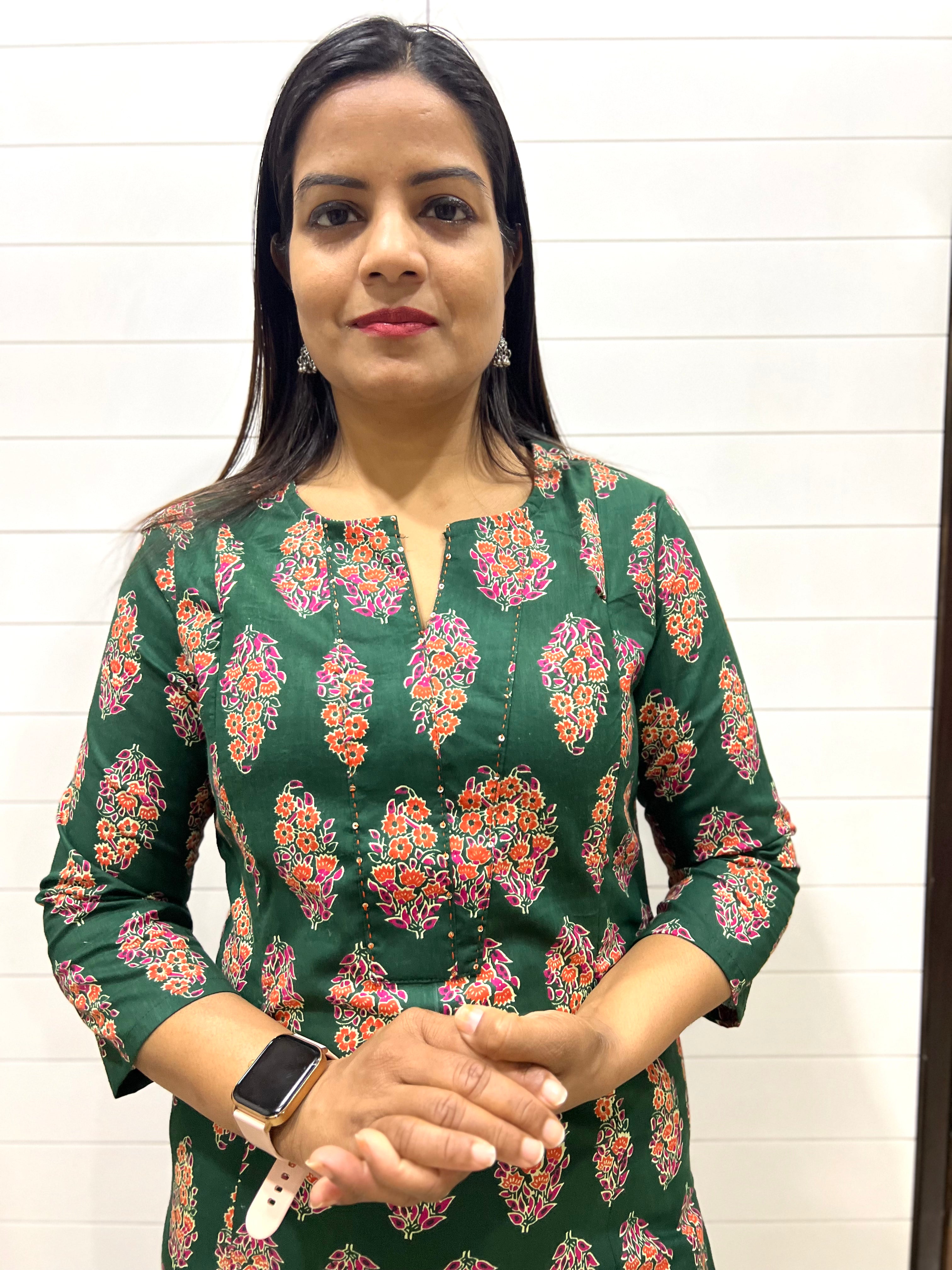 Mumzhug Bottle Green Color Jaipuri Print Pure Cotton Feeding Kurta