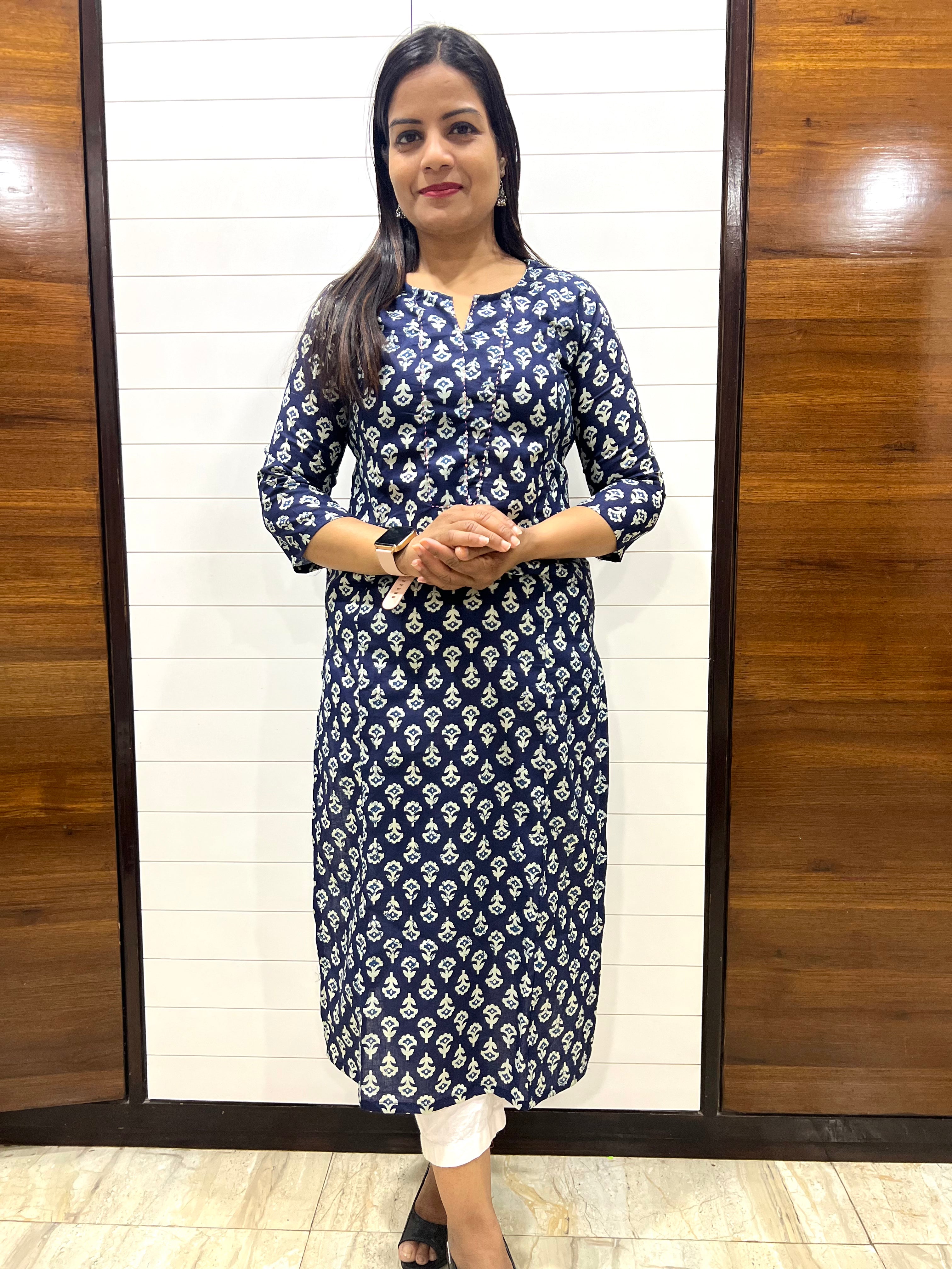 Mumzhug Indigo Blue Color Jaipuri Print Pure Cotton Feeding Kurta