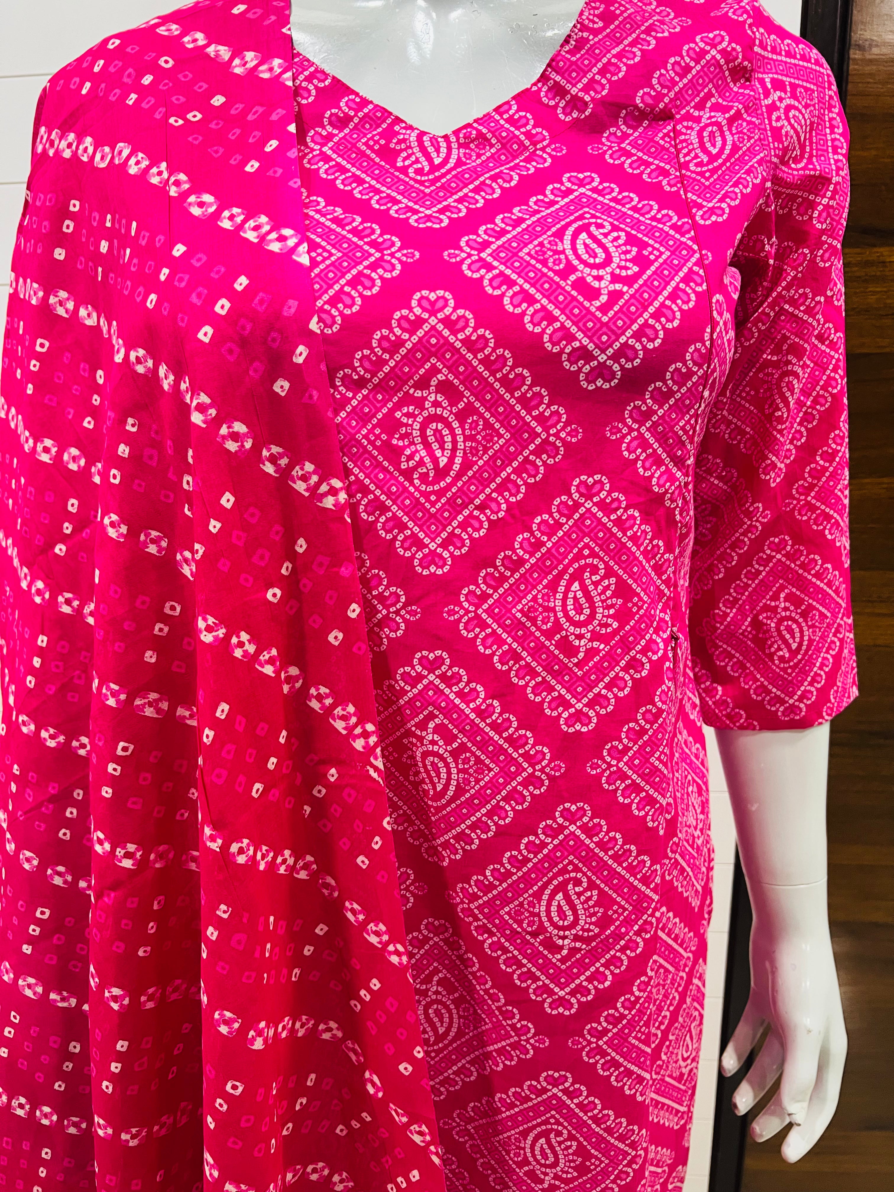 Pure Cotton Bandhej Print Kurta Pant and Dupatta Set for Feeding and Maternity Purpose