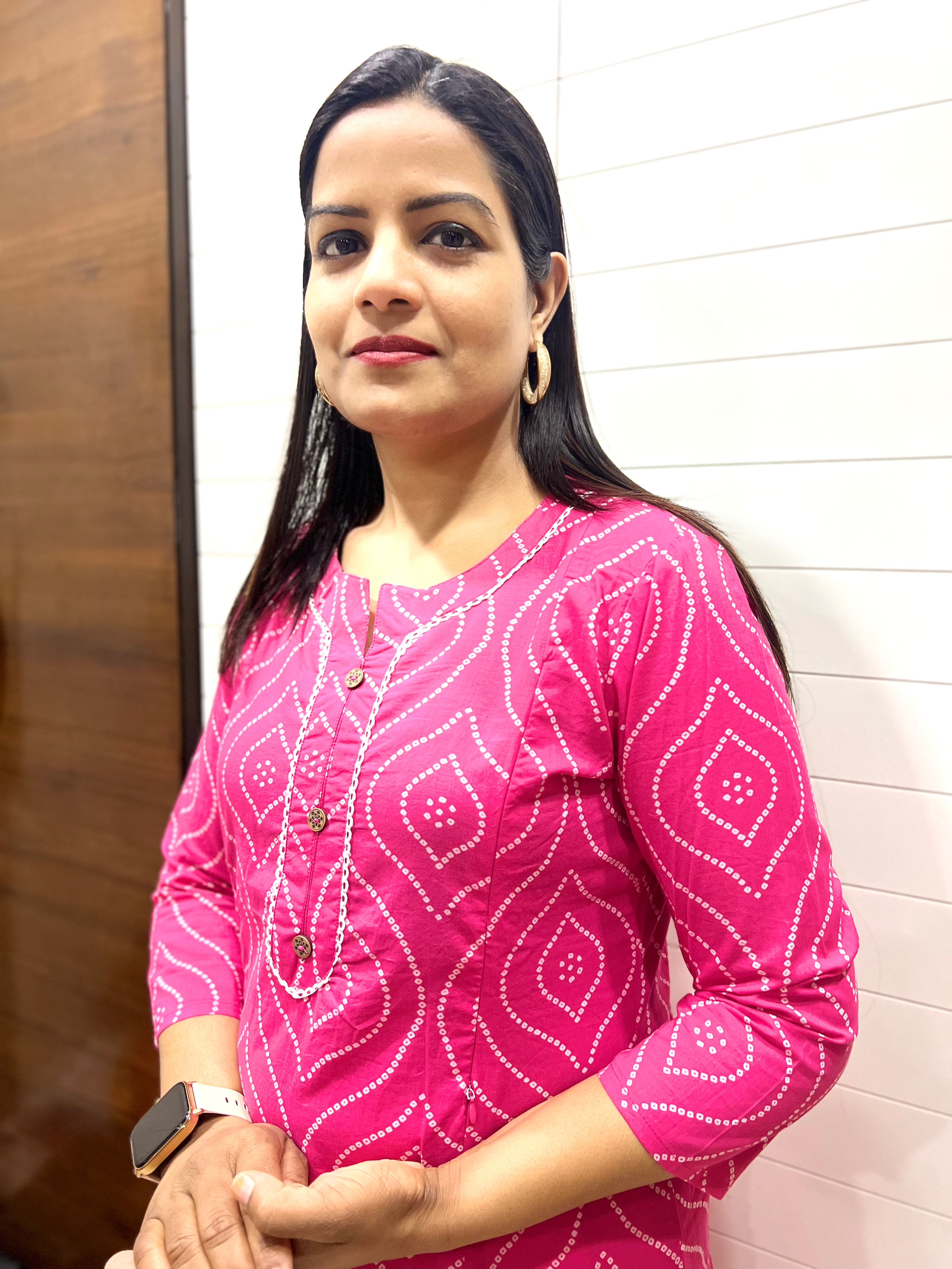 Mumzhug Pure Cotton Fuchsia Bandhej Print Feeding Kurta