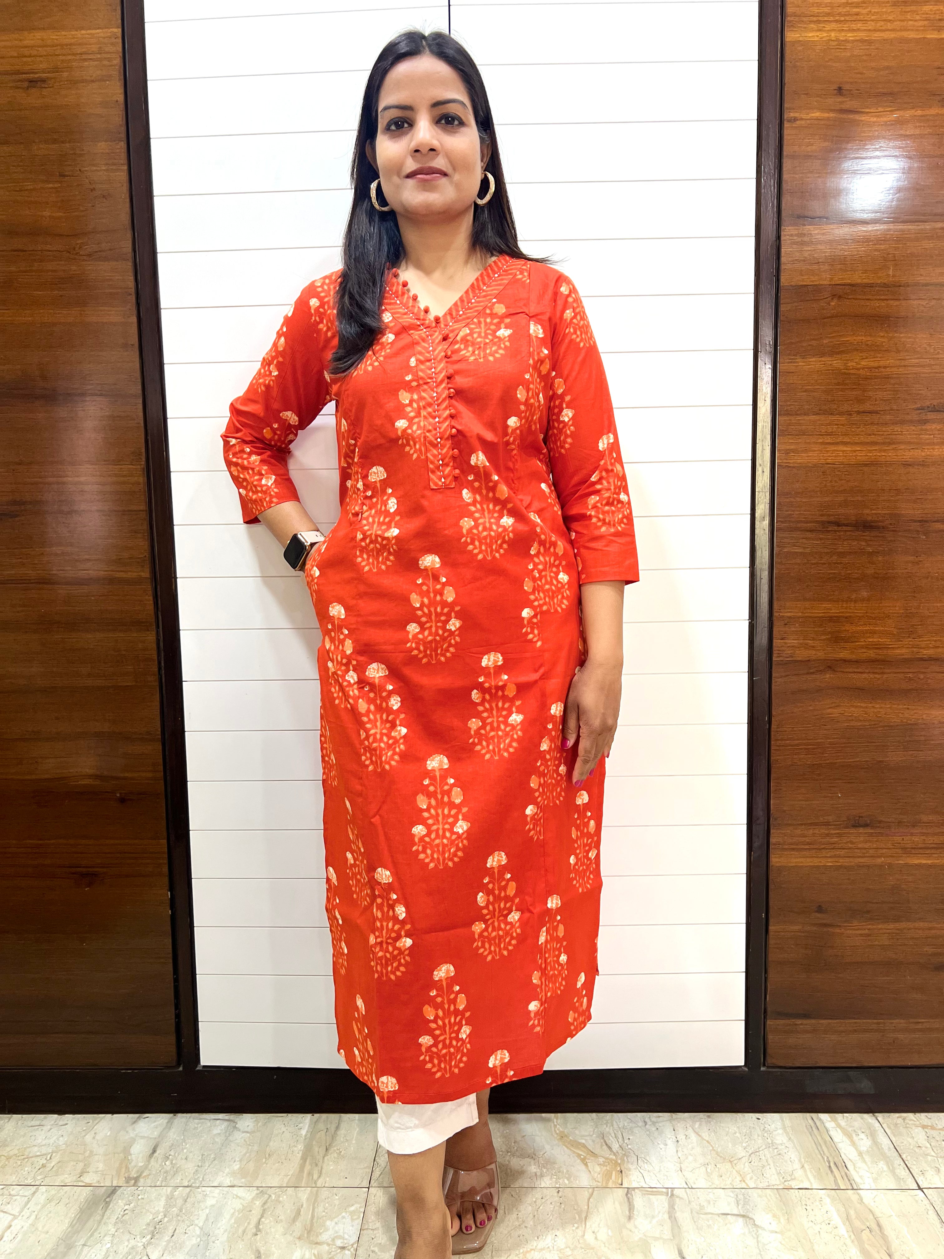 Mumzhug Rust Orange Pure Cotton Jaipuri Print Feeding Kurta