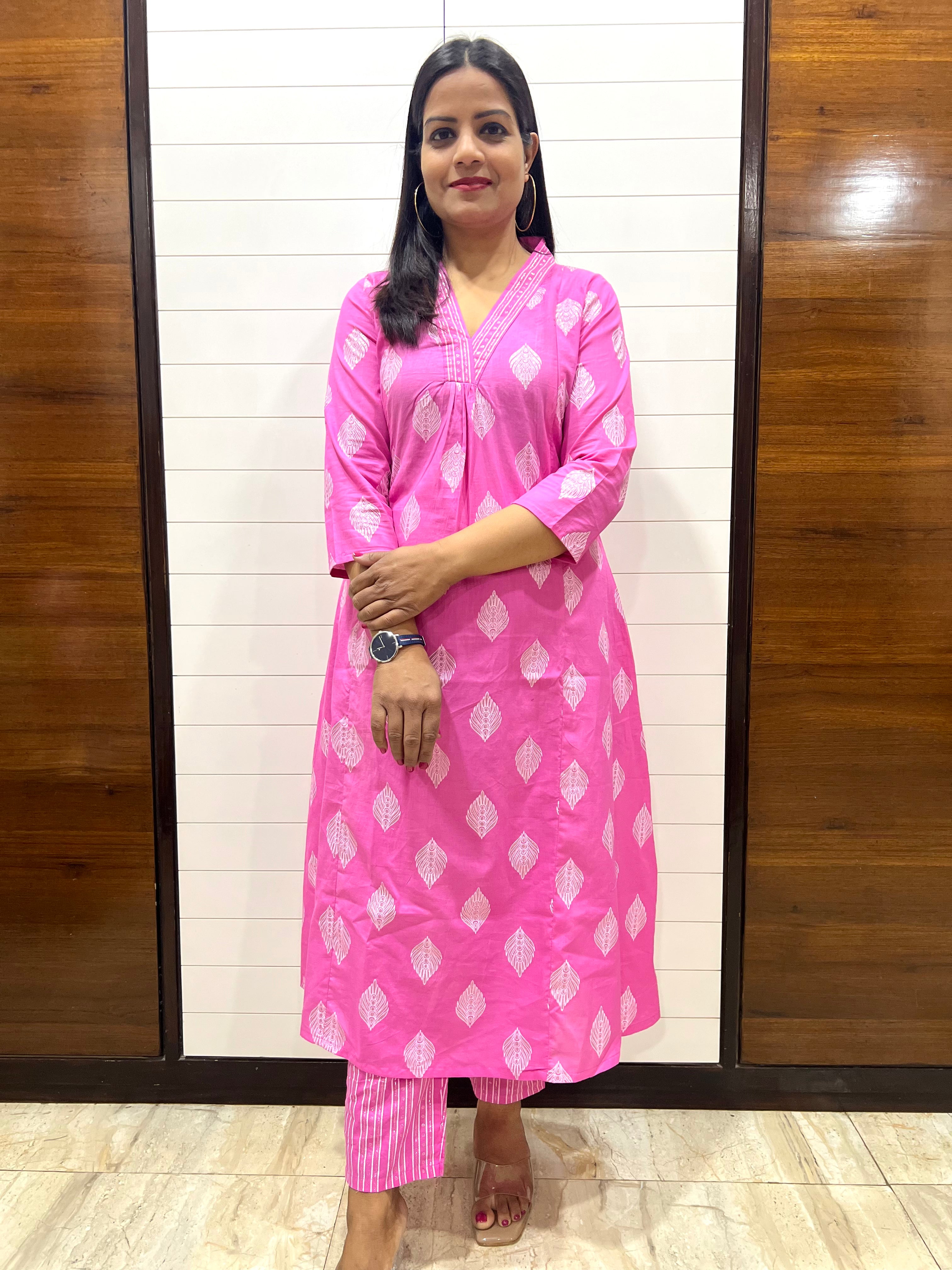 Mumzhug Pink Pure Cotton A-line Flared Jaipuri Print Cord Set with Side Pocket