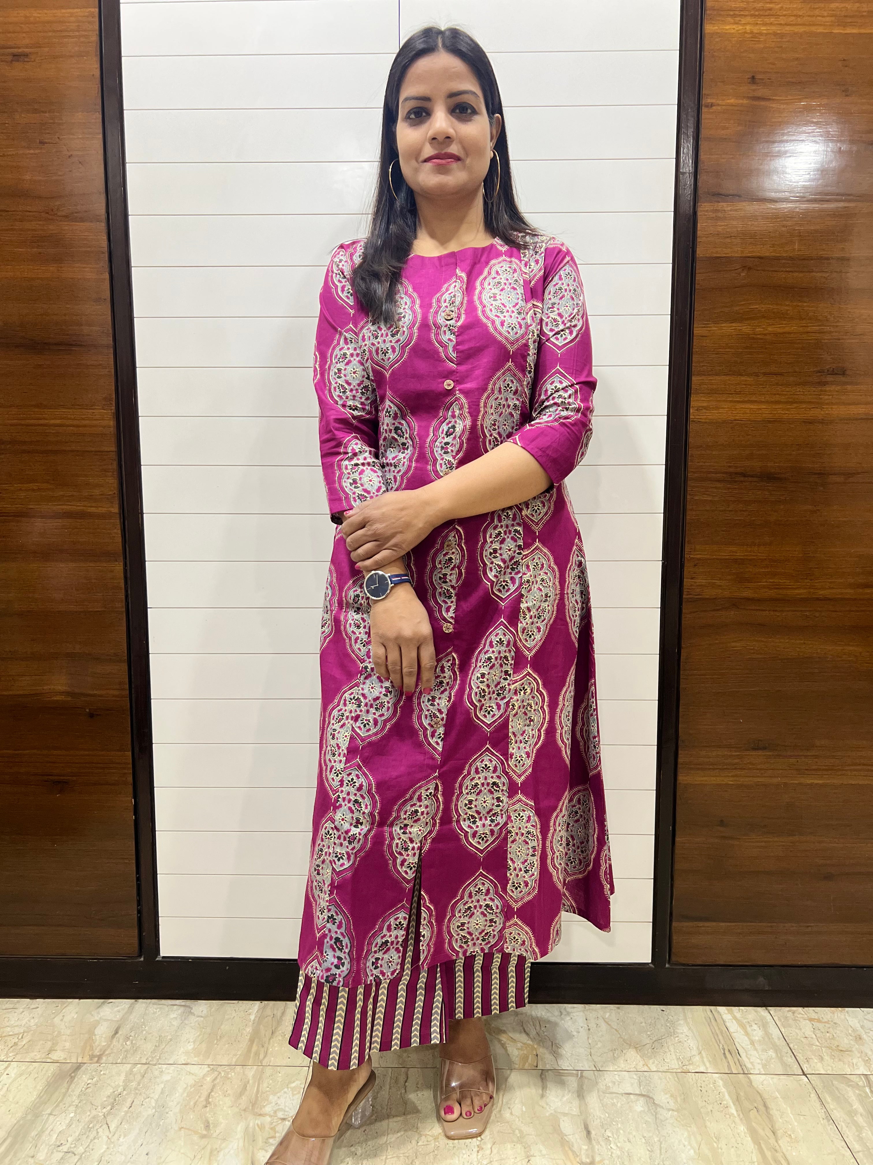 Mumzhug Wine Pure Cotton A-line Jaipuri Print Cord Set with Side Pocket