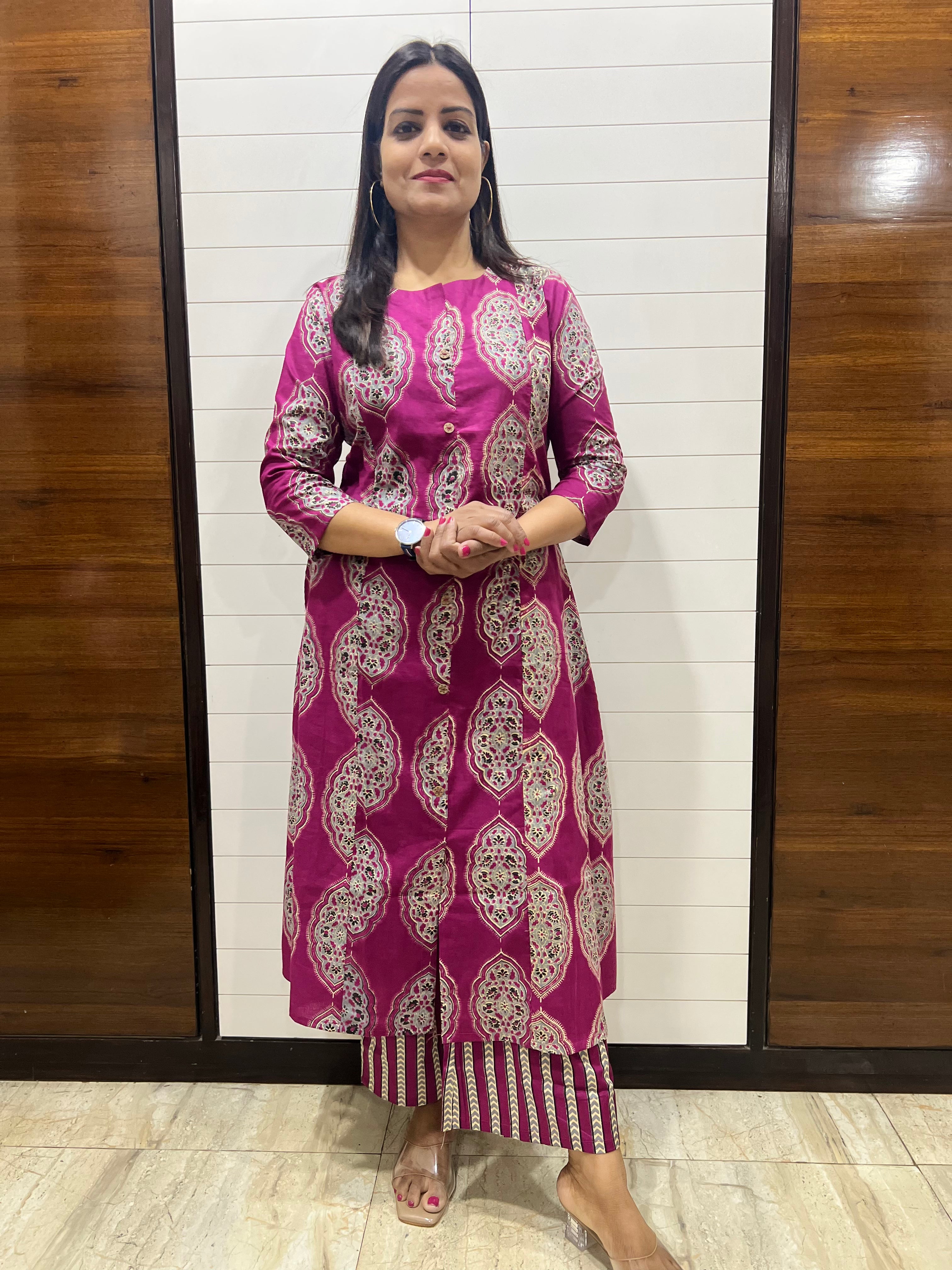 Mumzhug Wine Pure Cotton A-line Jaipuri Print Cord Set with Side Pocket