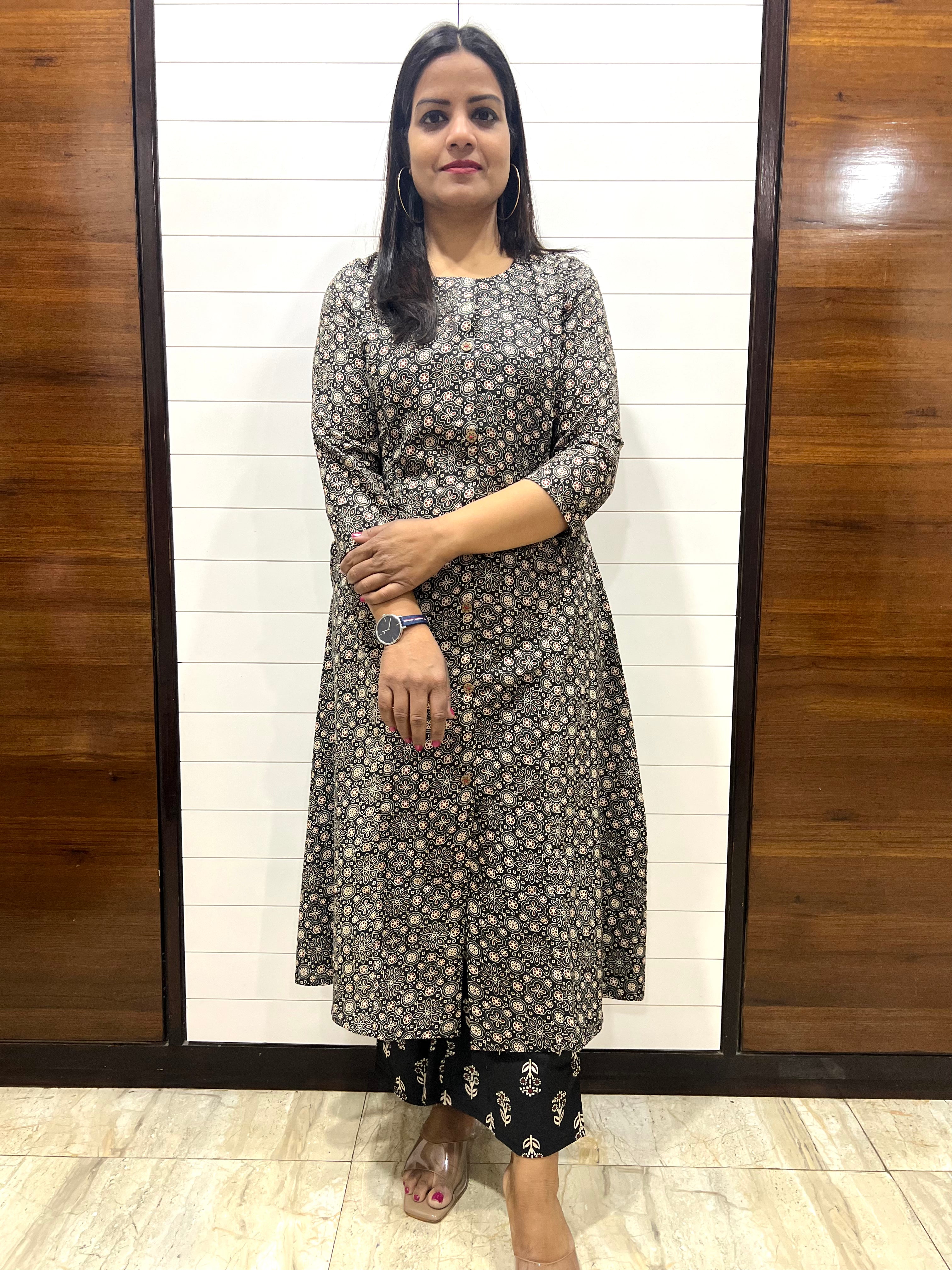 Mumzhug Black Pure Cotton A-line Jaipuri Print Cord Set with Side Pocket