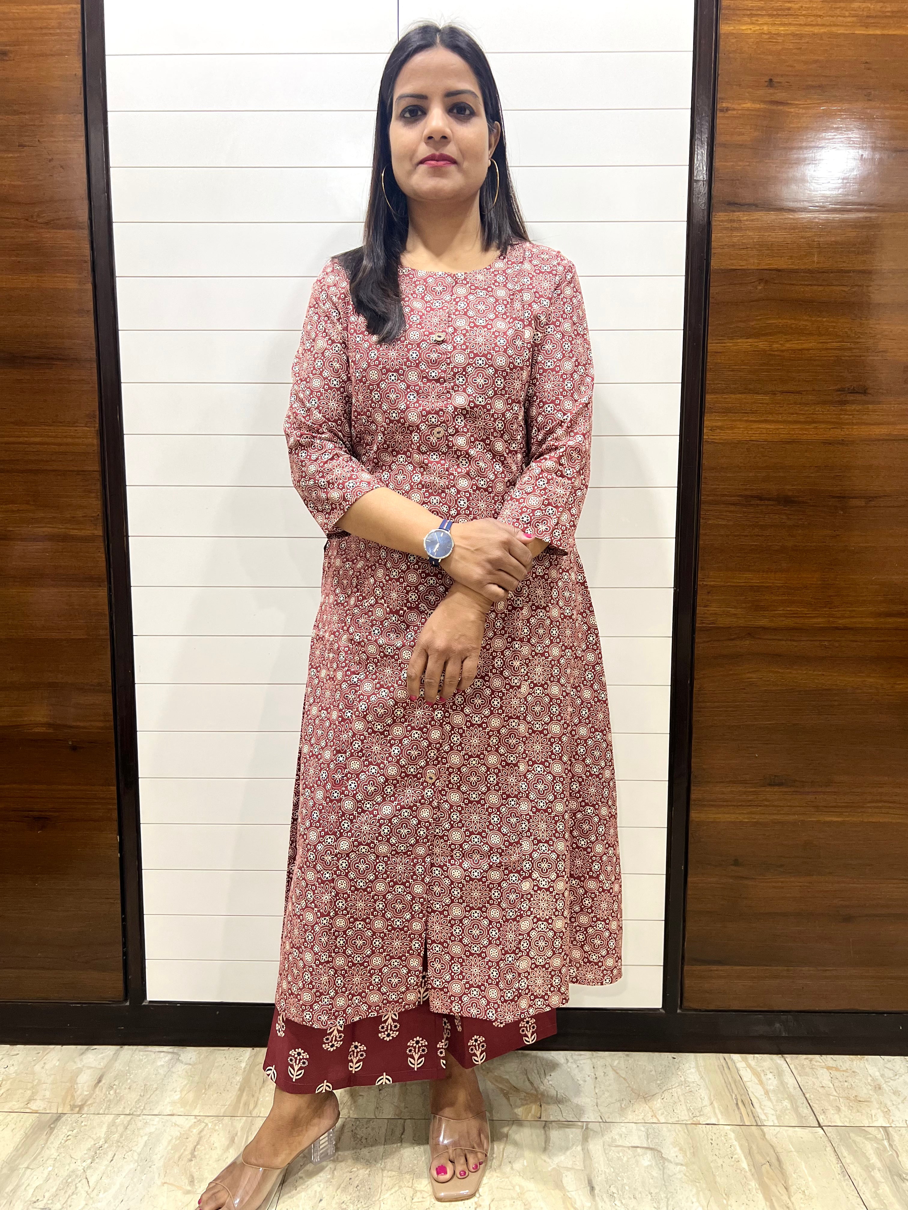 Mumzhug Maroon Pure Cotton A-line Jaipuri Print Cord Set with Side Pocket