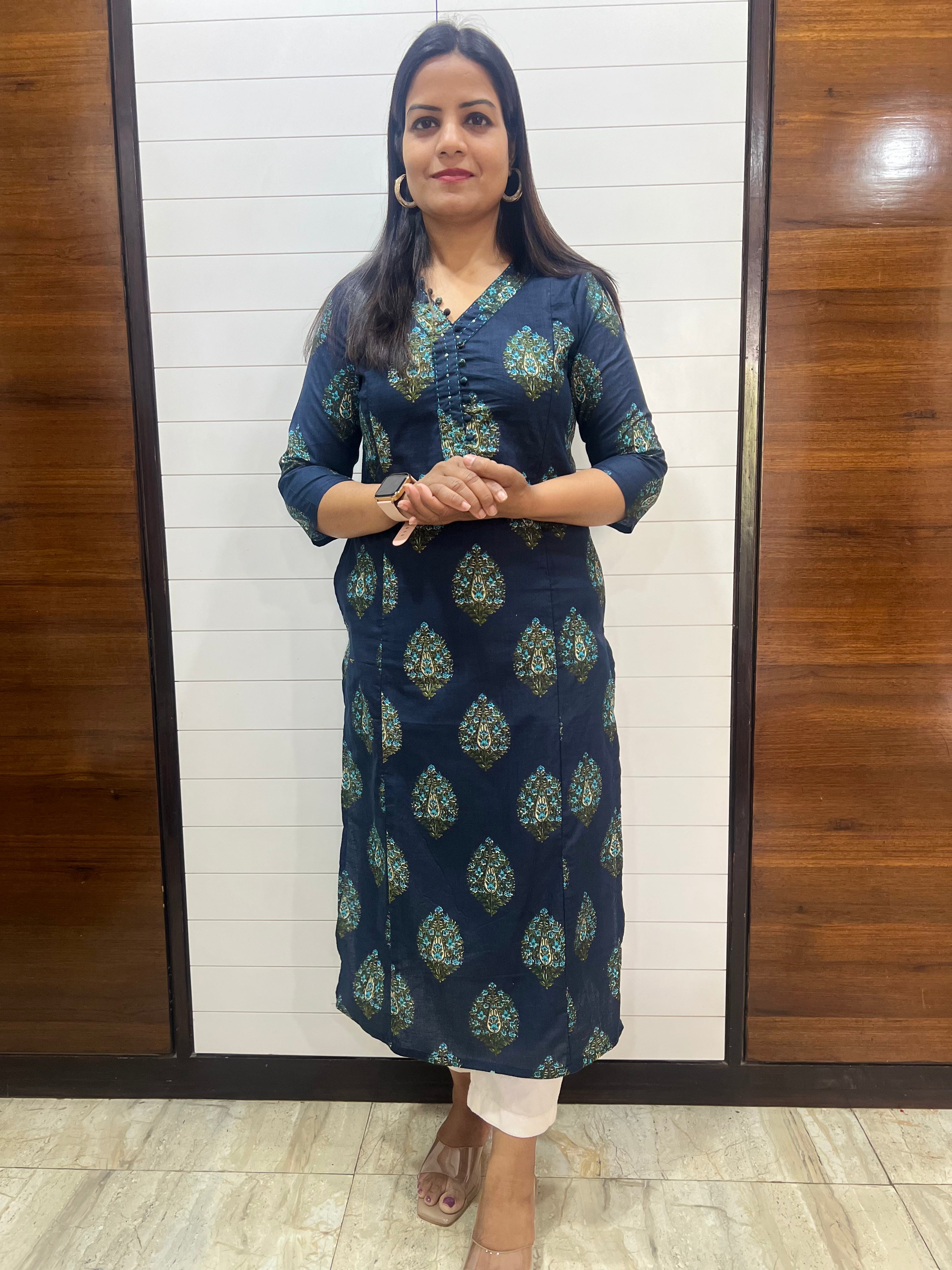 Mumzhug Navy Blue Pure Cotton Jaipuri Print Feeding Kurta