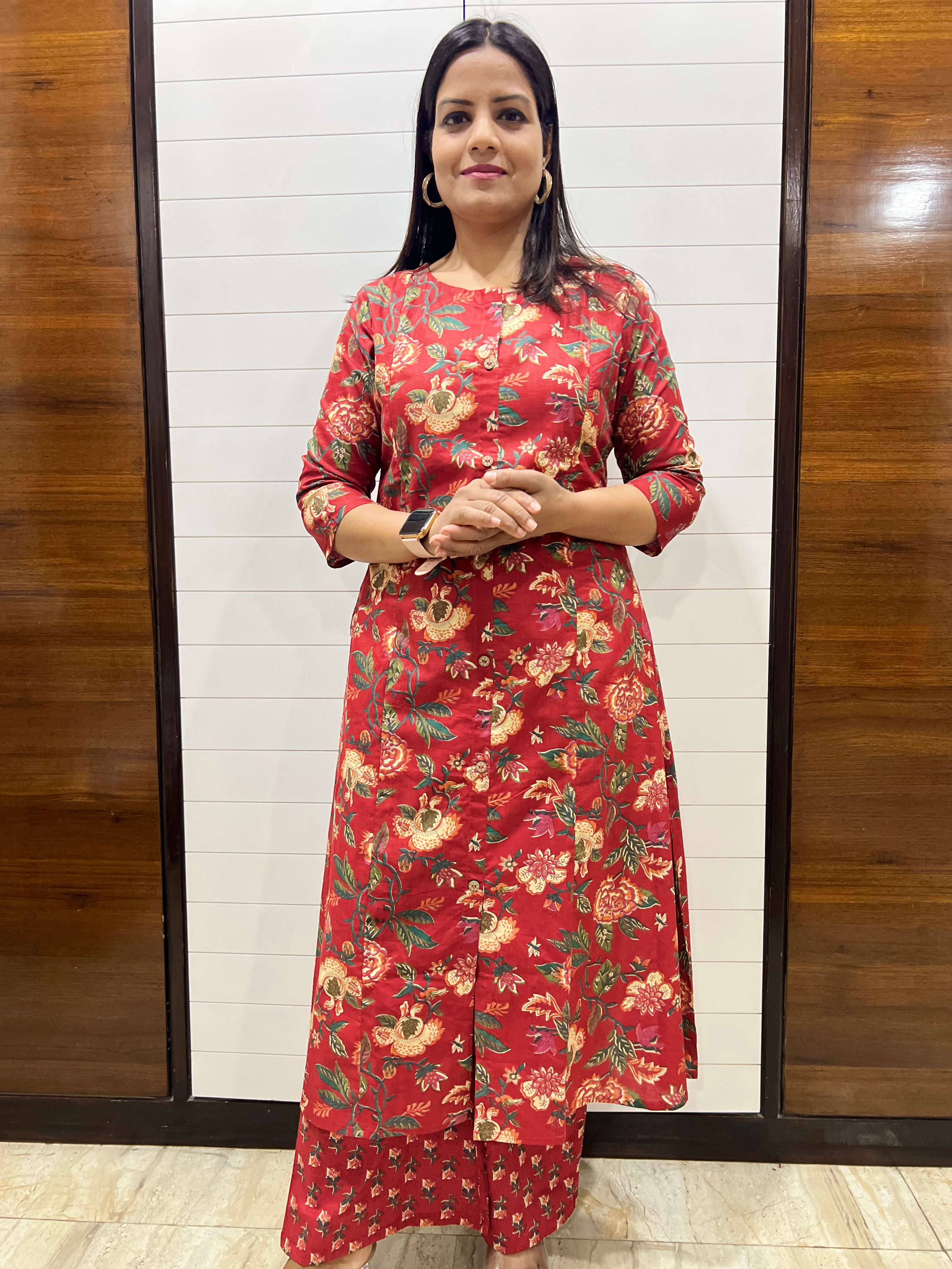 Mumzhug Pure Cotton Maroon Floral Print Feeding Cord Set with Both Side Feeding Zipper