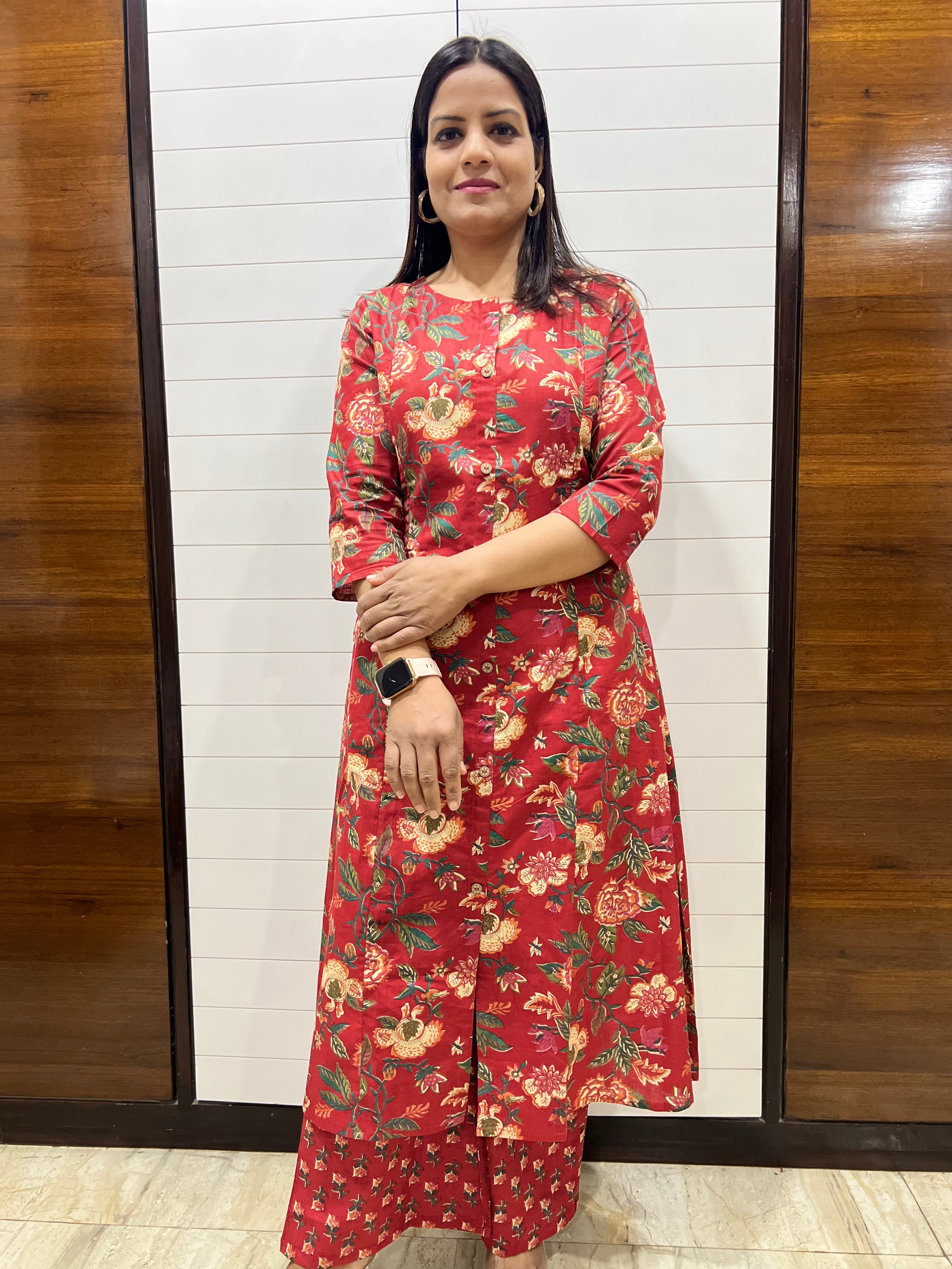 Mumzhug Pure Cotton Maroon Floral Print Feeding Cord Set with Both Side Feeding Zipper