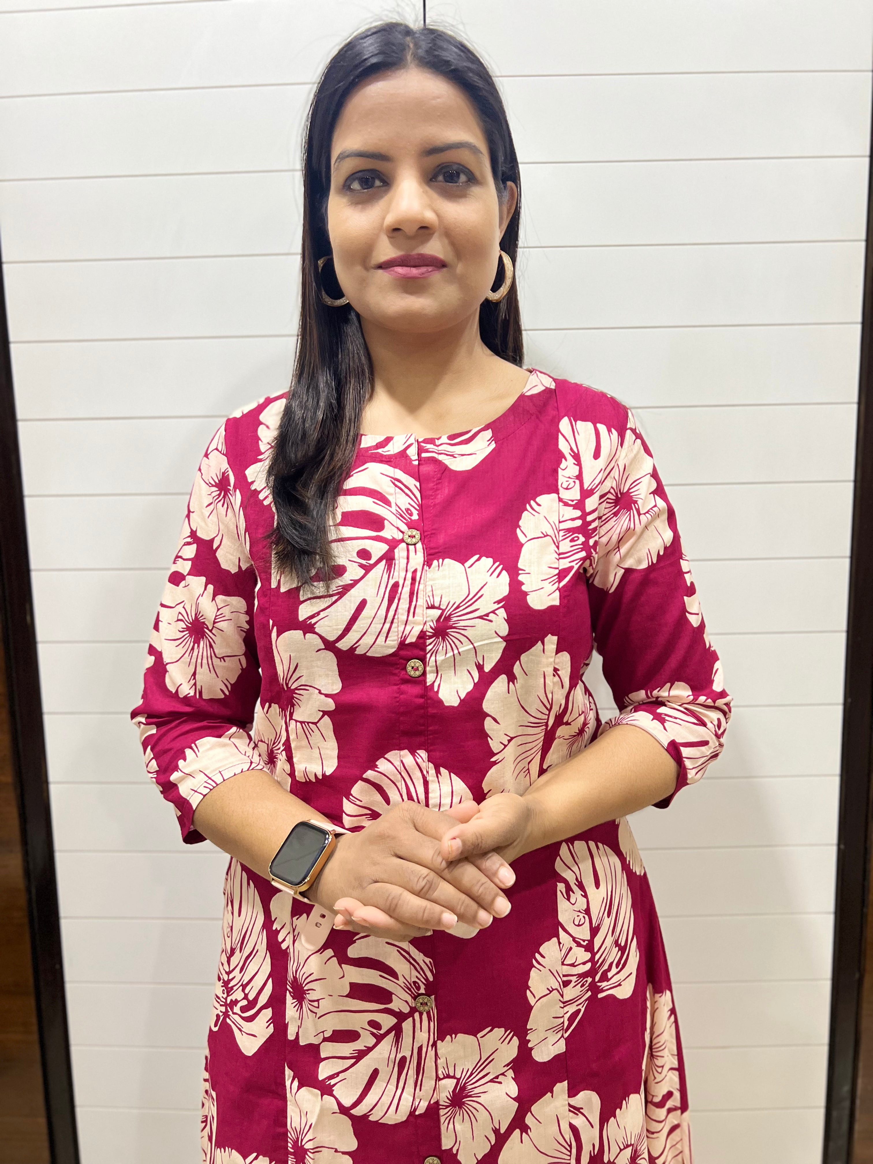 Mumzhug Pure Cotton Fuchsia Floral Print Feeding Cord Set with Both Side Feeding Zipper