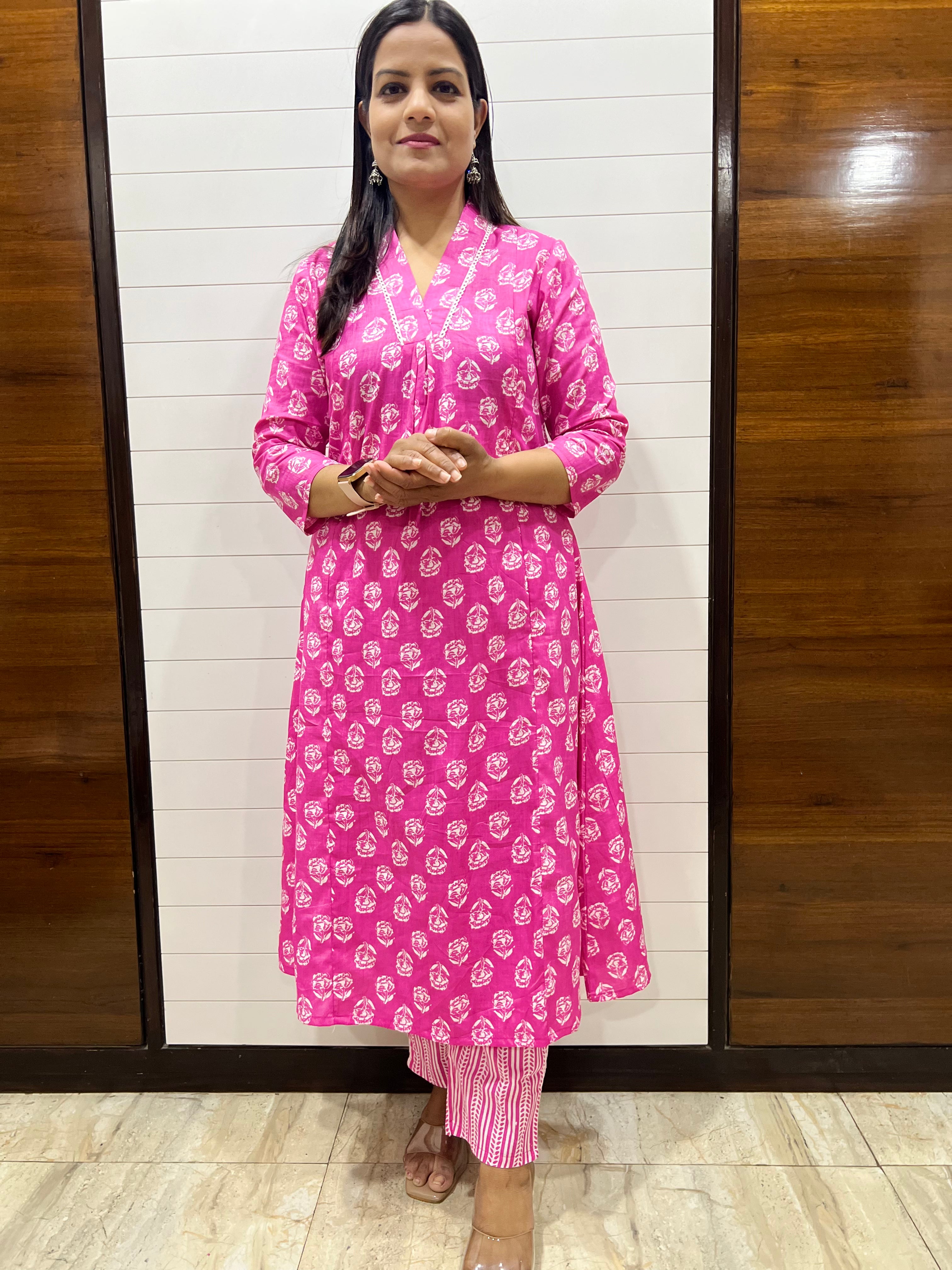 Mumzhug Pink Pure Cotton Flared Feeding Kurta and Pant Set