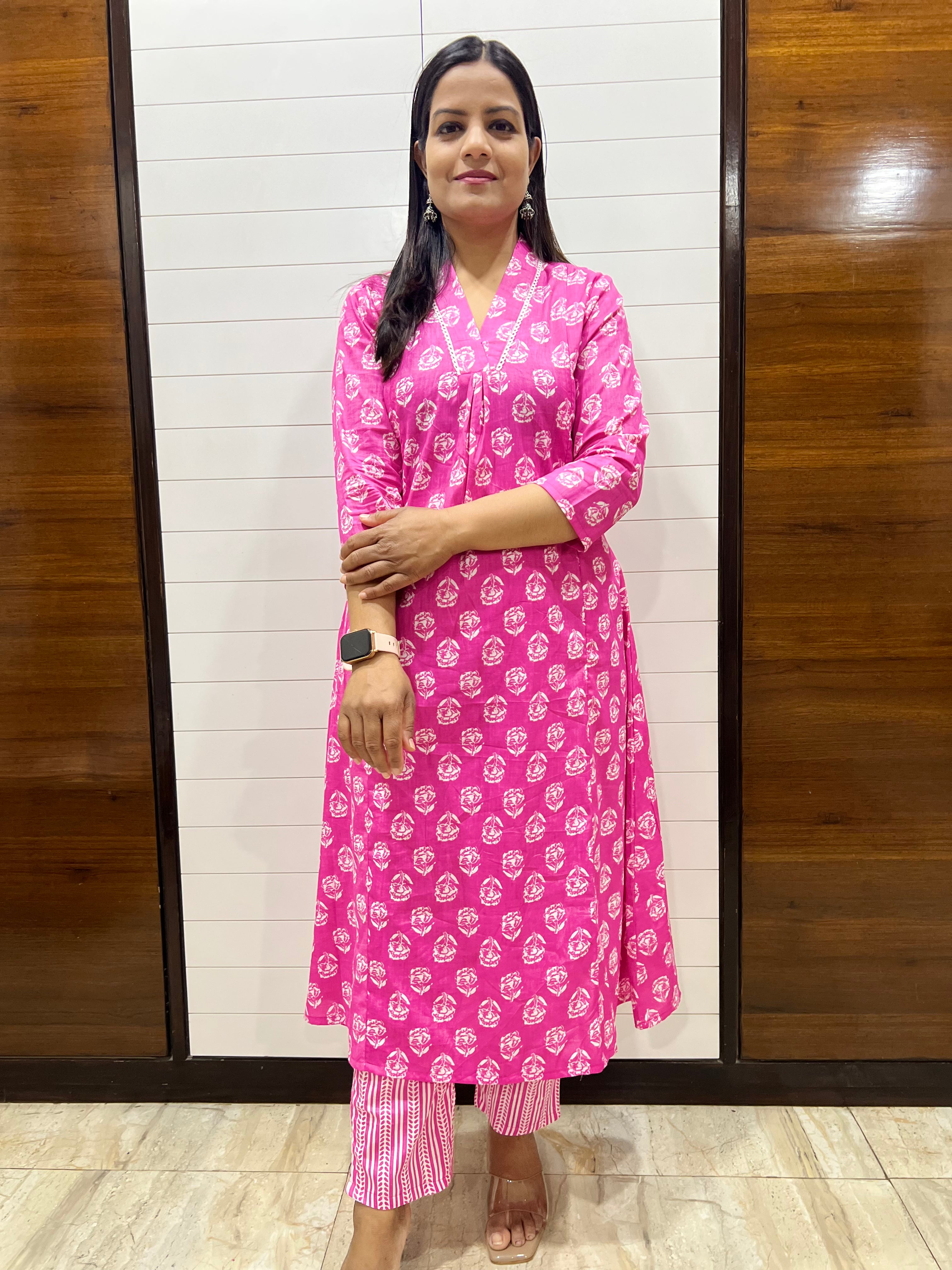 Mumzhug Pink Pure Cotton Flared Feeding Kurta and Pant Set