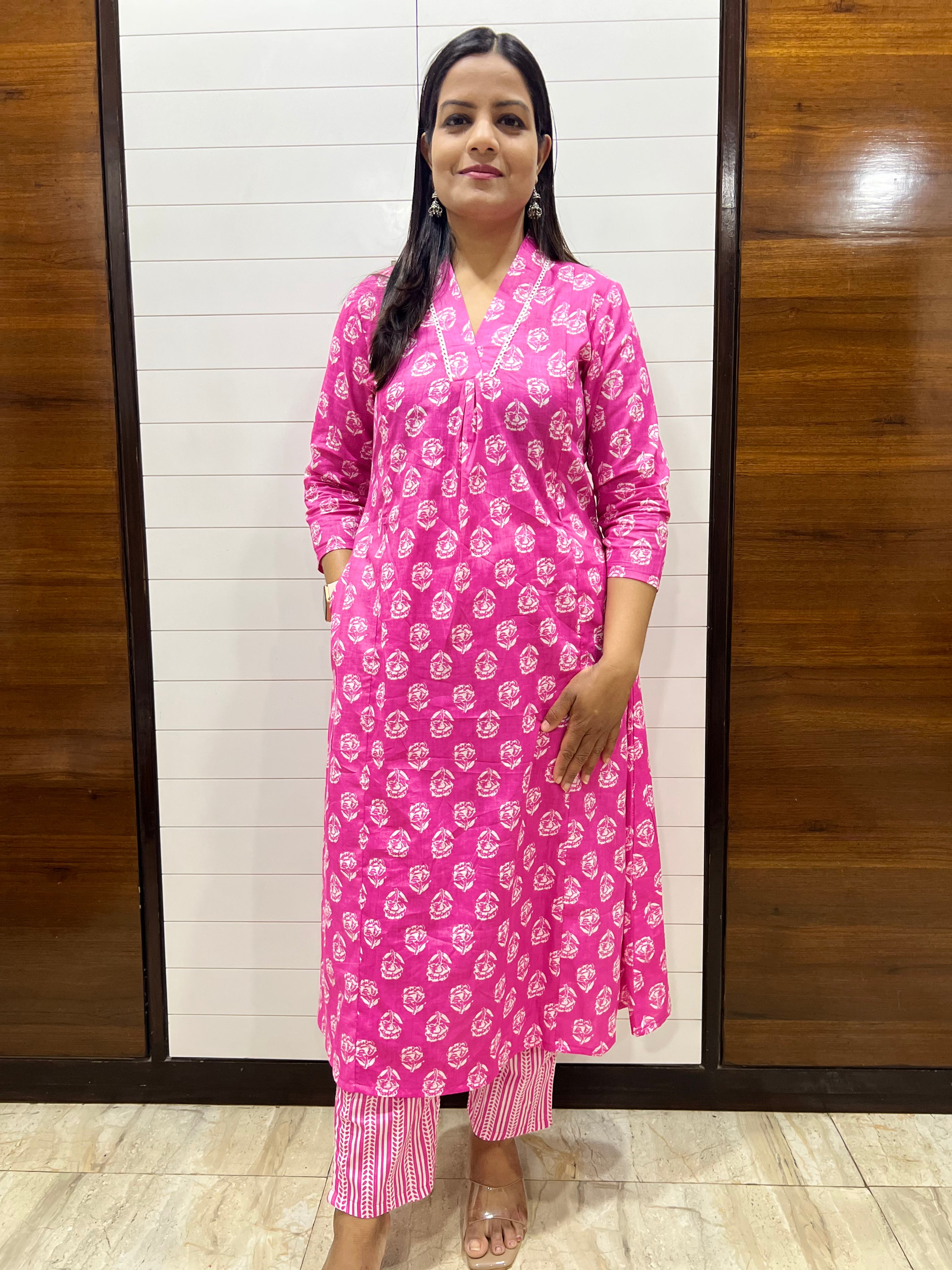 Mumzhug Pink Pure Cotton Flared Feeding Kurta and Pant Set