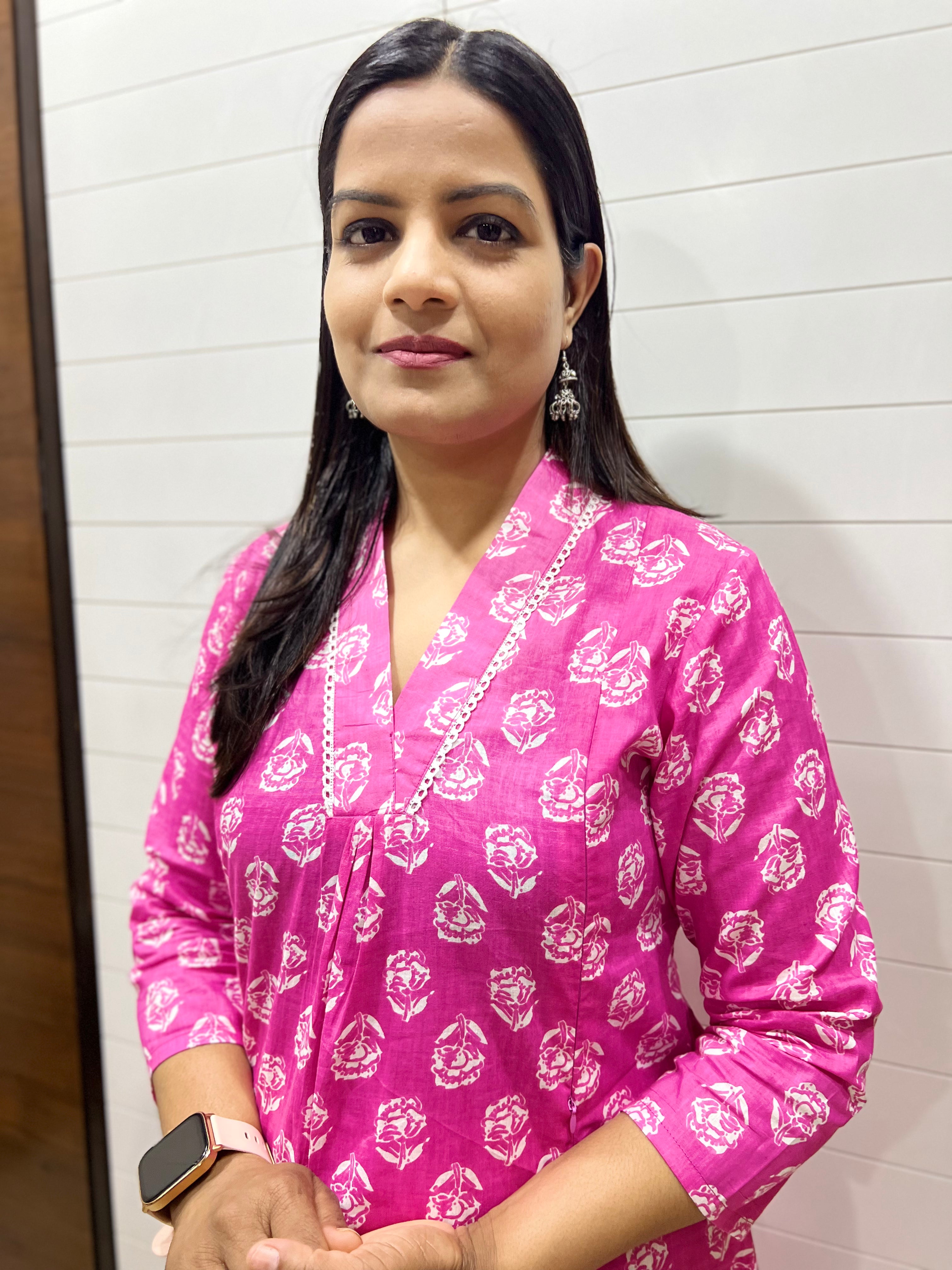 Mumzhug Pink Pure Cotton Flared Feeding Kurta and Pant Set