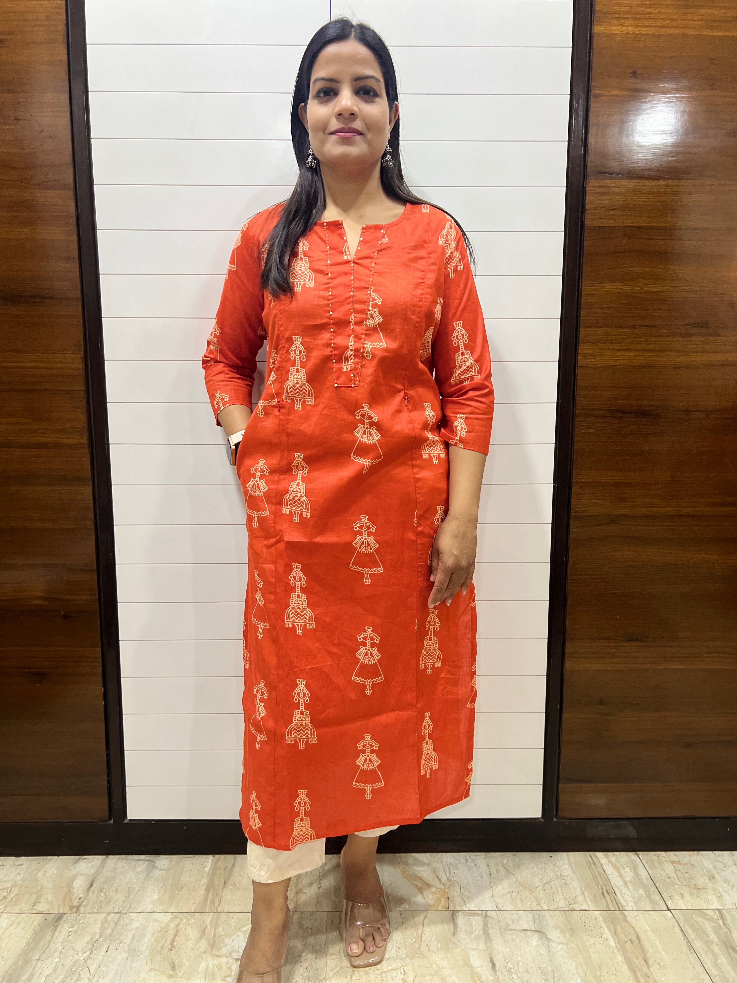 Mumzhug Rust Orange Pure Cotton Feeding Kurta