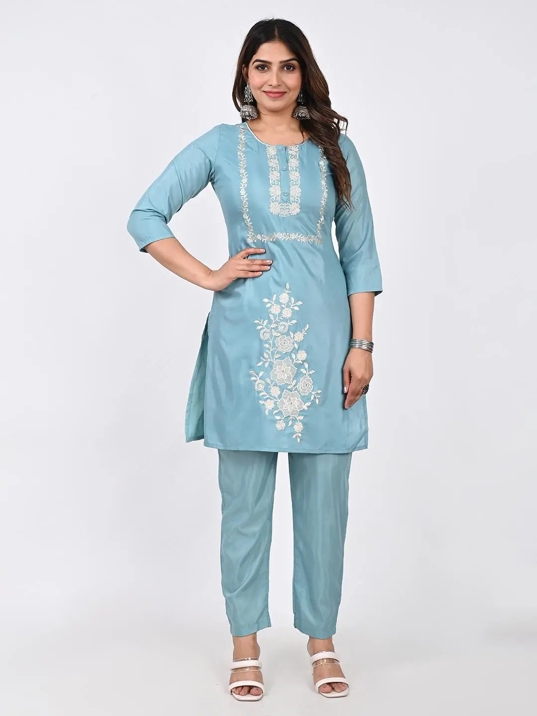 ROMAN SILK ETHNIC EMBROIDED KURTA SET WITH PANT AND DUPATTA Kavita Gupta