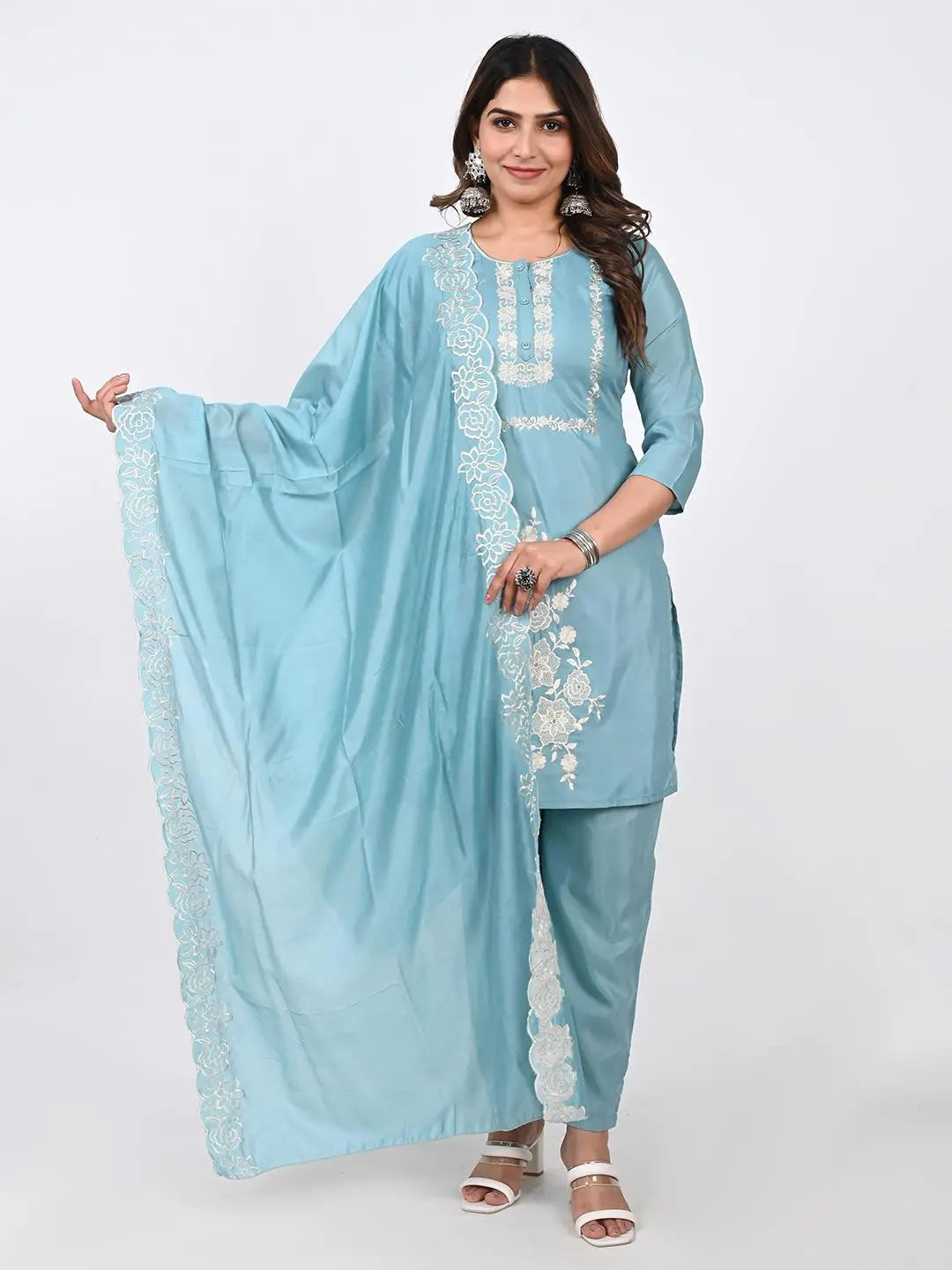 ROMAN SILK ETHNIC EMBROIDED KURTA SET WITH PANT AND DUPATTA Kavita Gupta