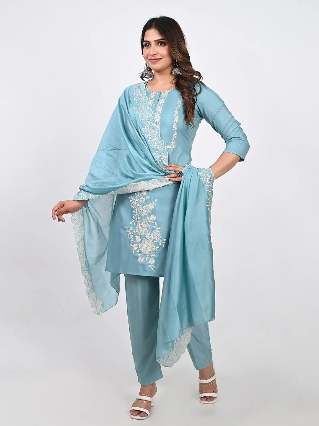 ROMAN SILK ETHNIC EMBROIDED KURTA SET WITH PANT AND DUPATTA Kavita Gupta