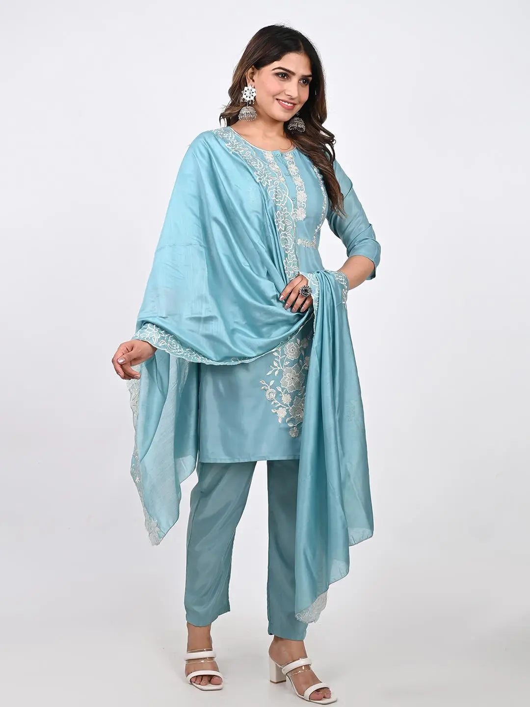 ROMAN SILK ETHNIC EMBROIDED KURTA SET WITH PANT AND DUPATTA Kavita Gupta