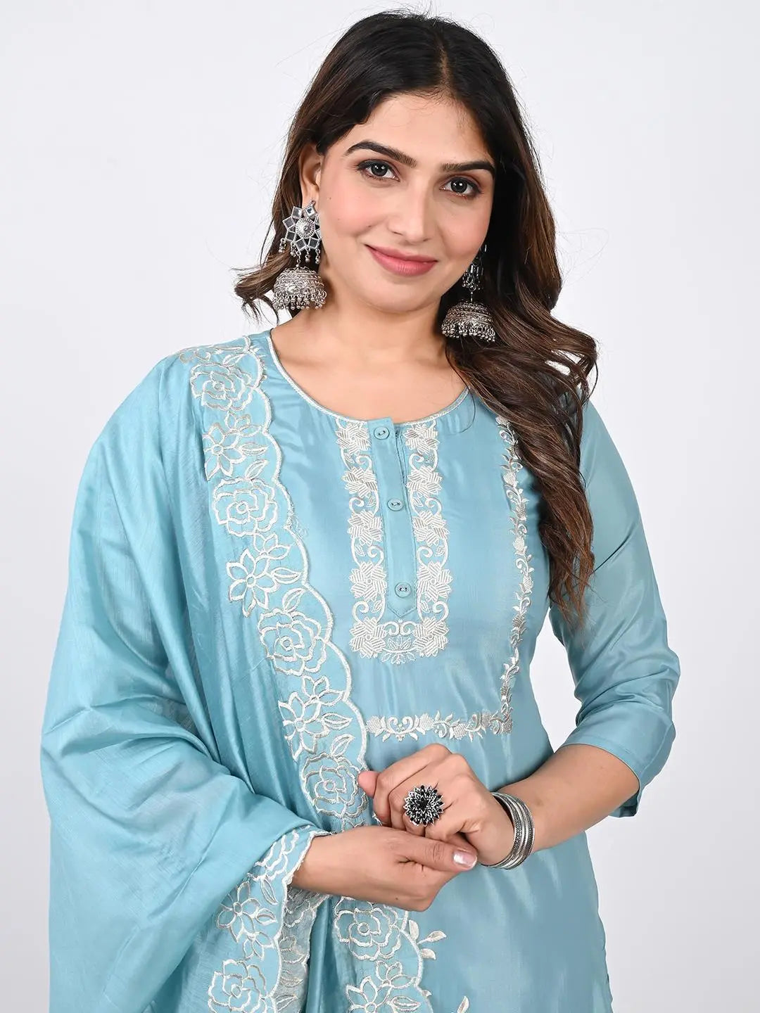 ROMAN SILK ETHNIC EMBROIDED KURTA SET WITH PANT AND DUPATTA Kavita Gupta