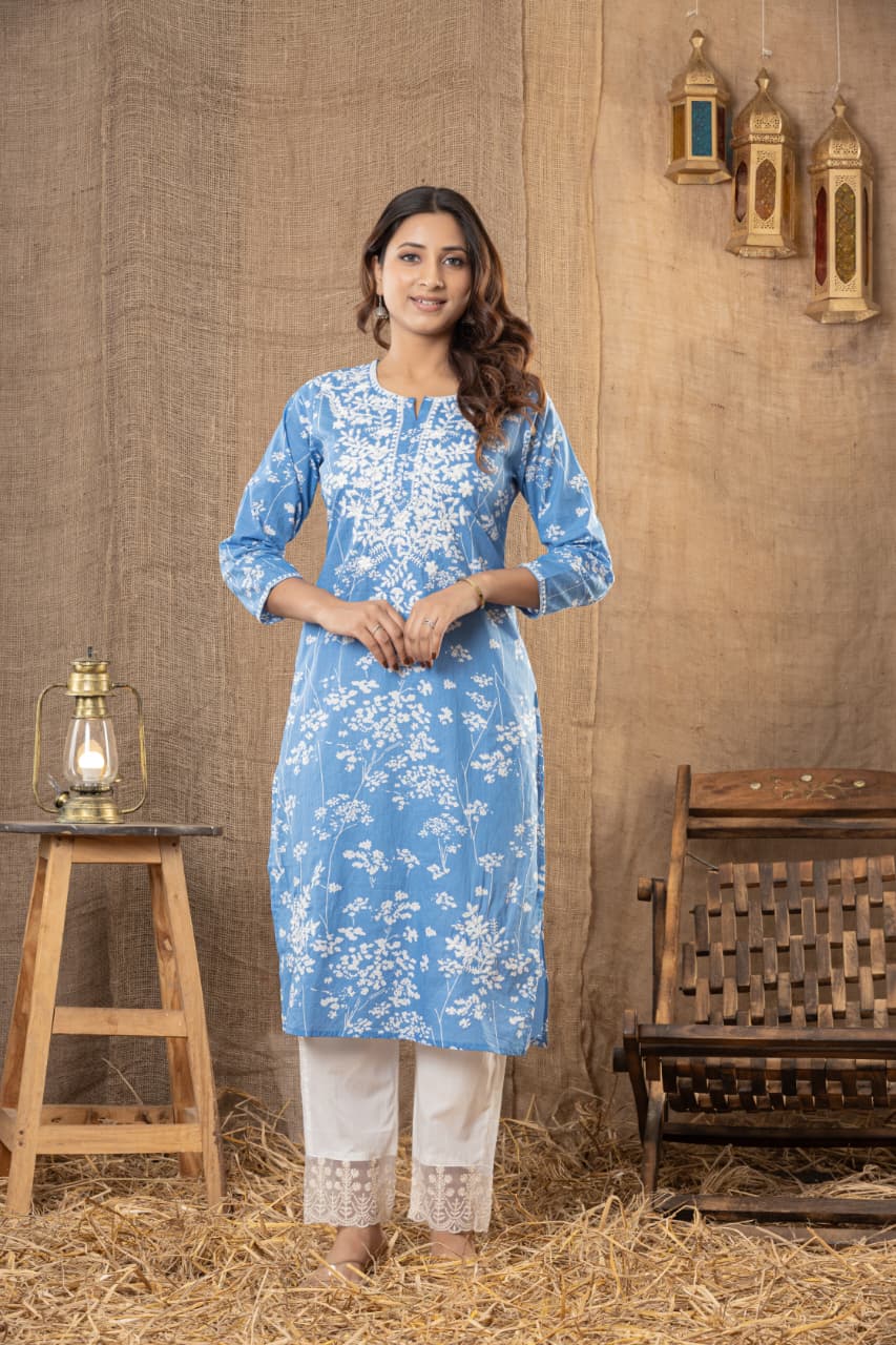 MUMZHUG Blue Meadow Pure Cotton Feeding Kurta & Pant Set