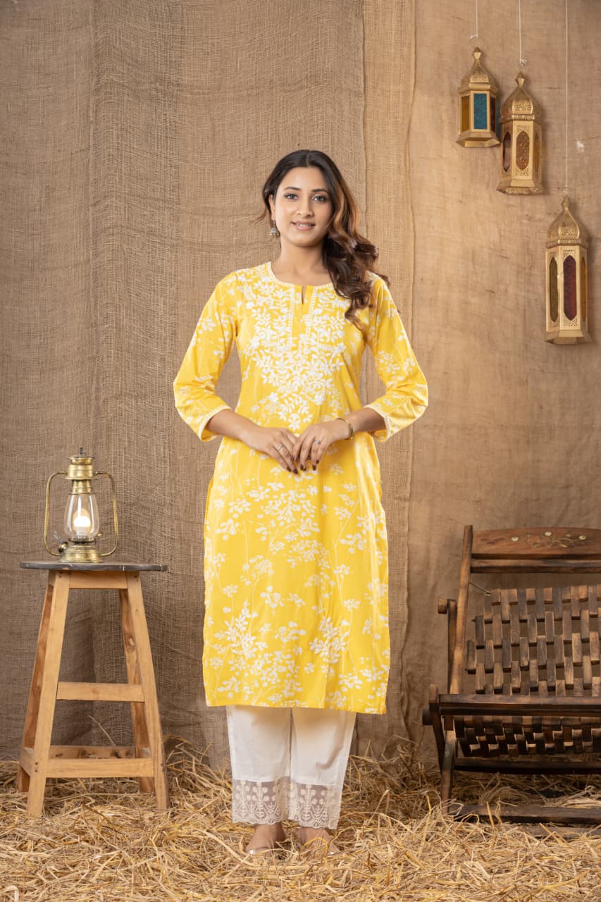 MUMZHUG Sunlit Bloom™ Pure Cotton Mustard Yellow Embroidered Feeding Kurta & Pant Set for Women | Soft Nursing Wear