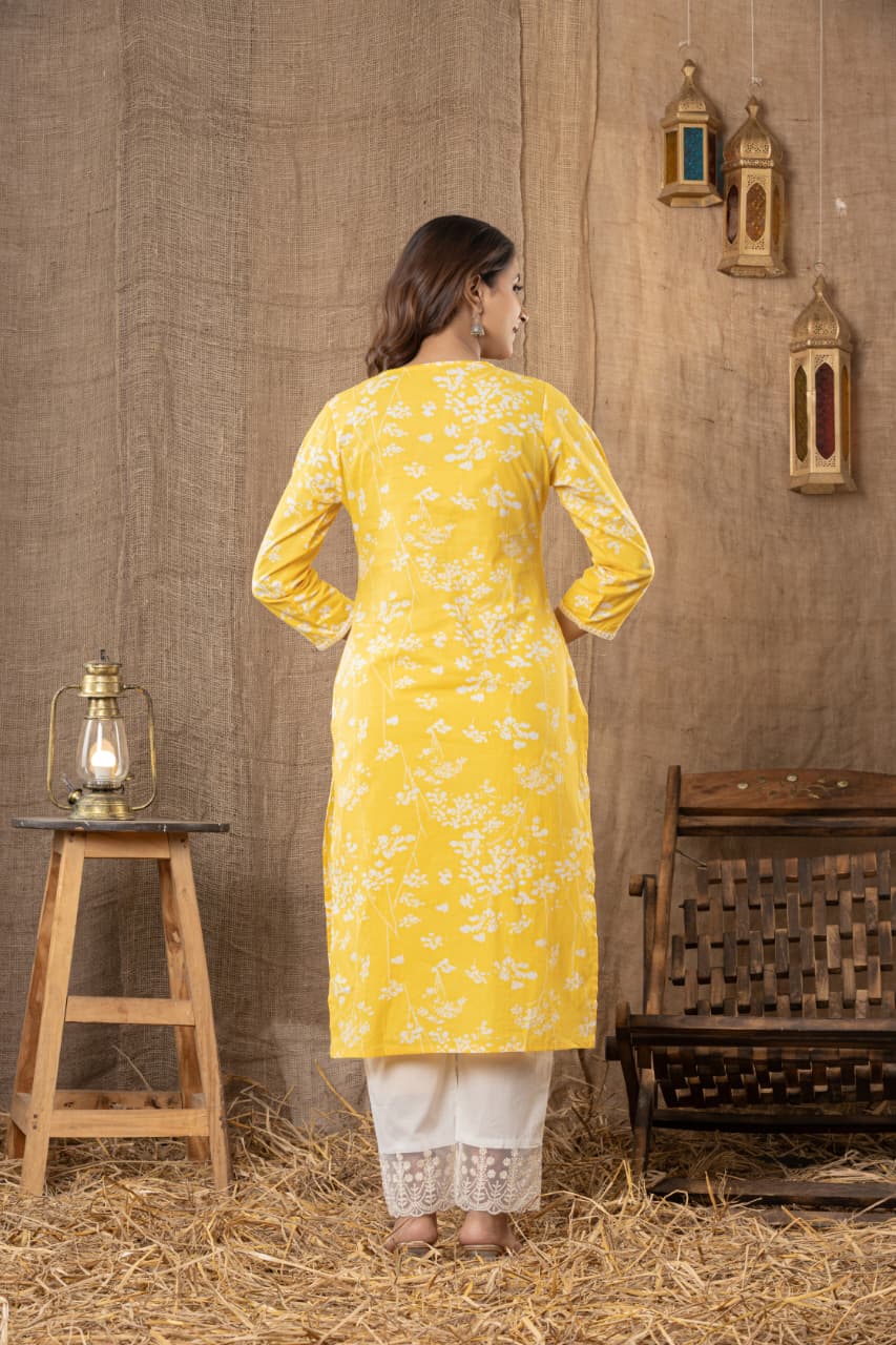 MUMZHUG Sunlit Bloom™ Pure Cotton Mustard Yellow Embroidered Feeding Kurta & Pant Set for Women | Soft Nursing Wear