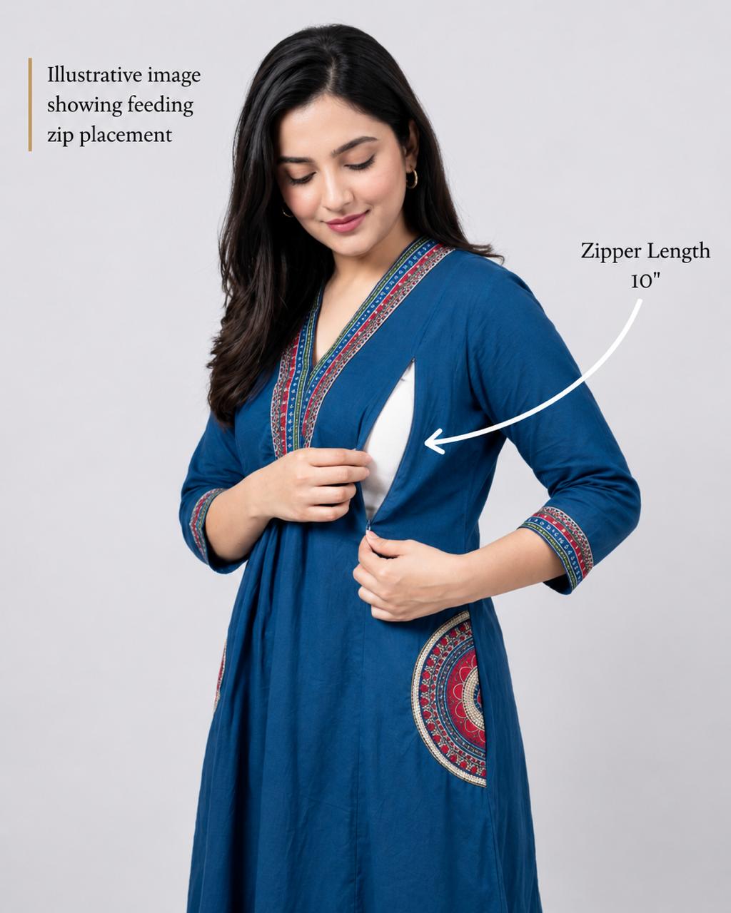 Mumzhug Blue Pure Cotton Embroidered Feeding & Maternity Kurta Pant with Dupatta Set