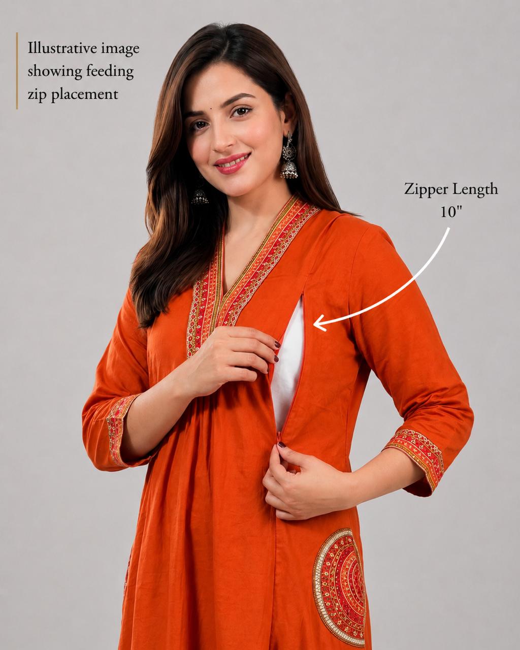 Mumzhug Rust Orange Pure Cotton Embroidered Feeding & Maternity Kurta Pant with Dupatta Set