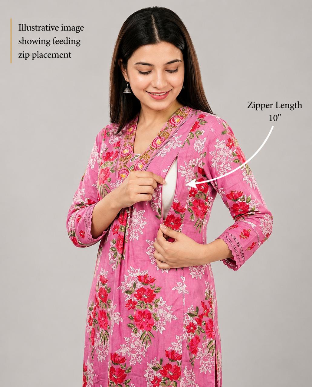 Lavender Jaipuri Print Cotton Maternity & Feeding Kurta Pant Set with Dupatta – Mumzhug Ethnic Wear-DISPATCHING ON 25TH JULY