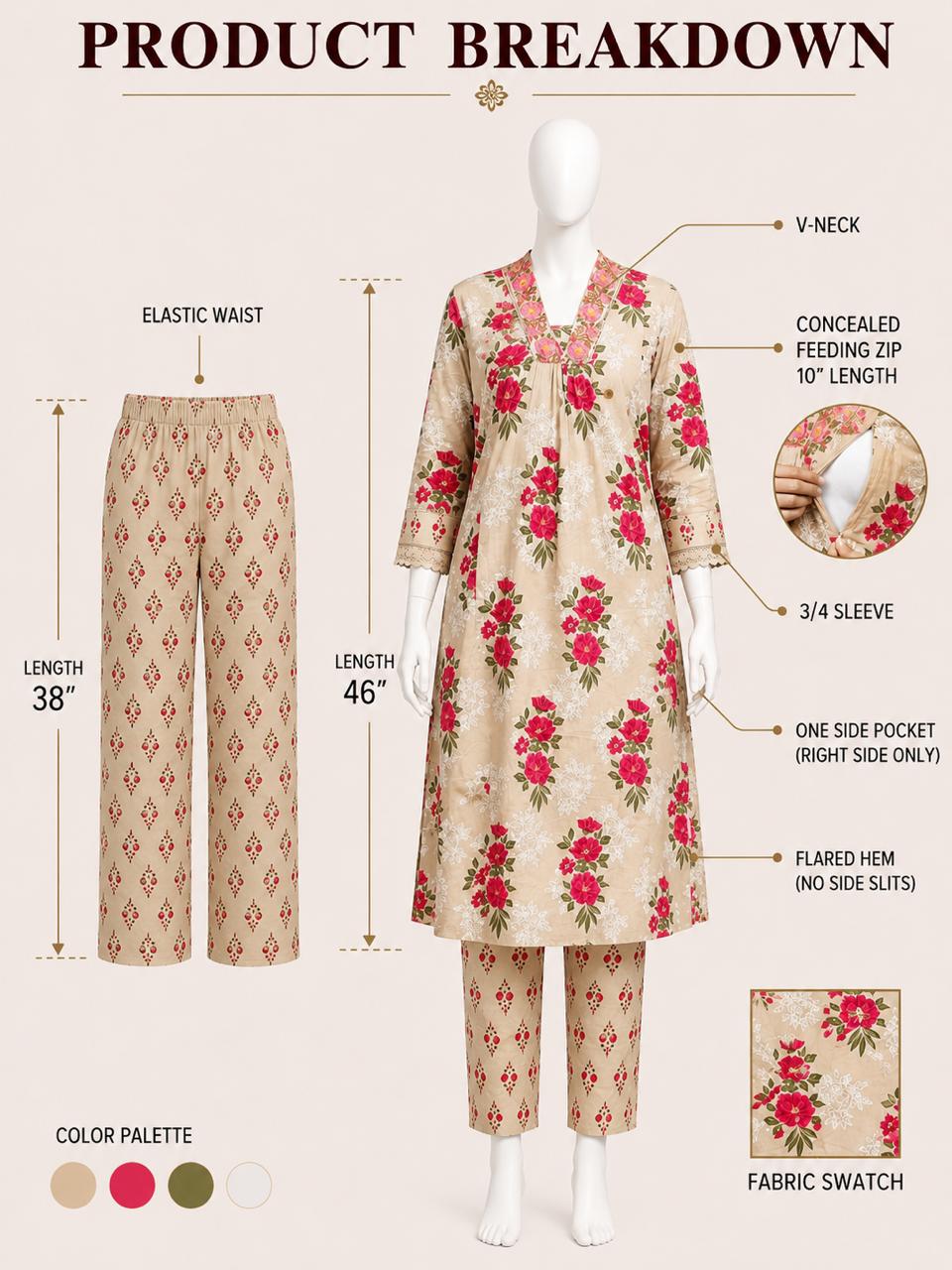 Beige Jaipuri Print Cotton Maternity & Feeding Kurta Pant Set with Dupatta – Mumzhug Ethnic Wear