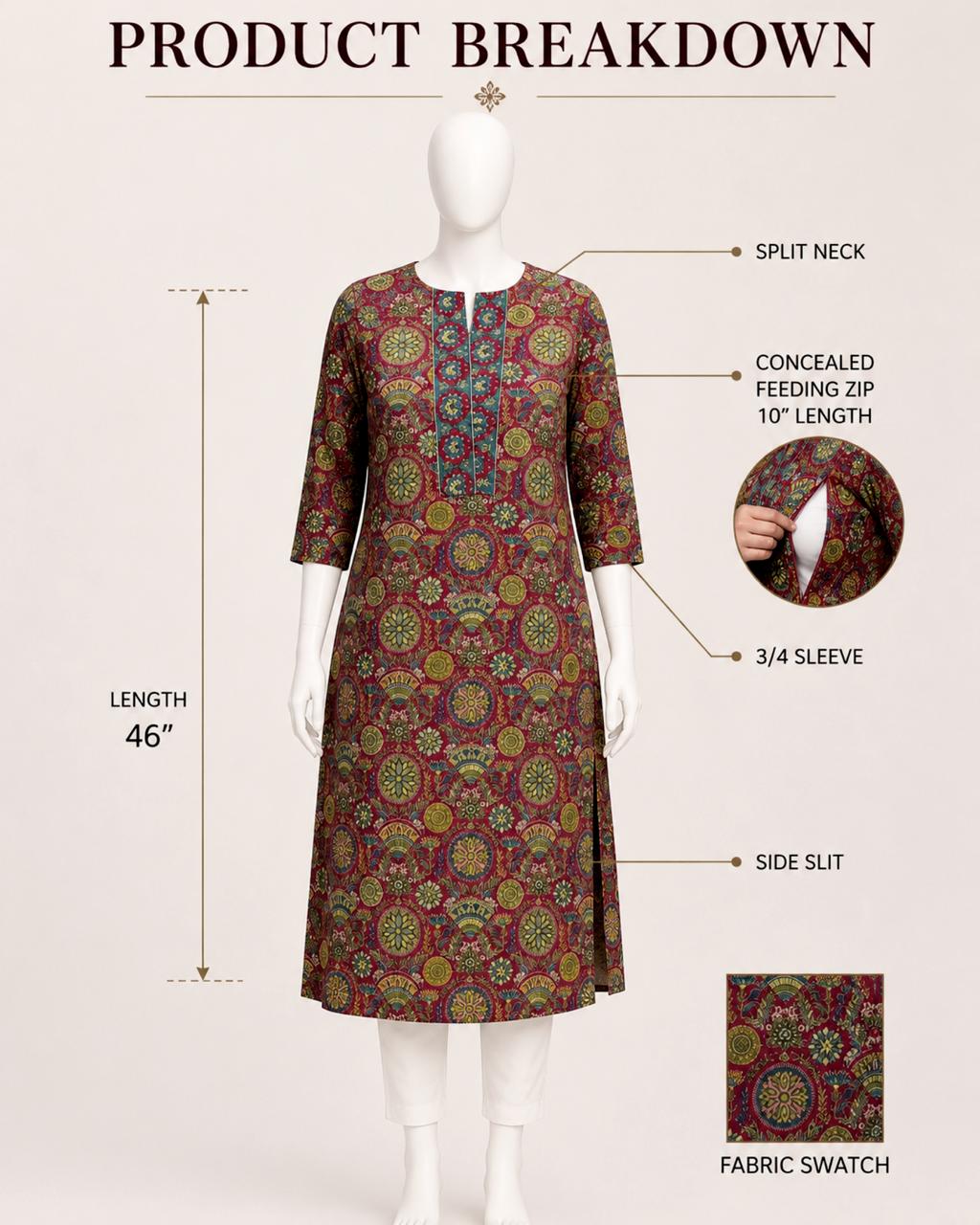 MUMZHUG Pure Cotton Jaipuri Print Feeding Kurta โ Rani Pink | Maternity & Nursing Wear