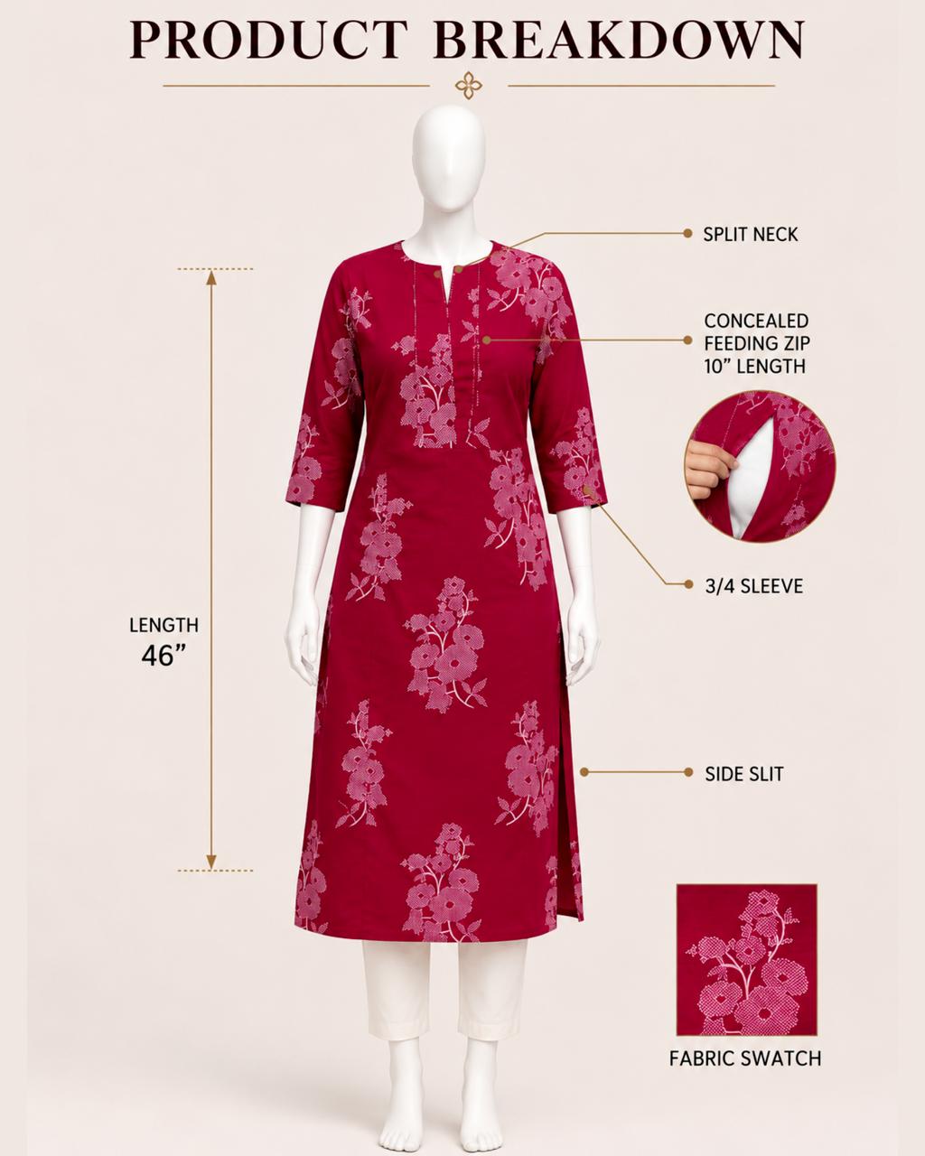 MUMZHUG Pure Cotton Jaipuri Print Feeding Kurta – Tomato Red Floral | Maternity & Nursing Wear
