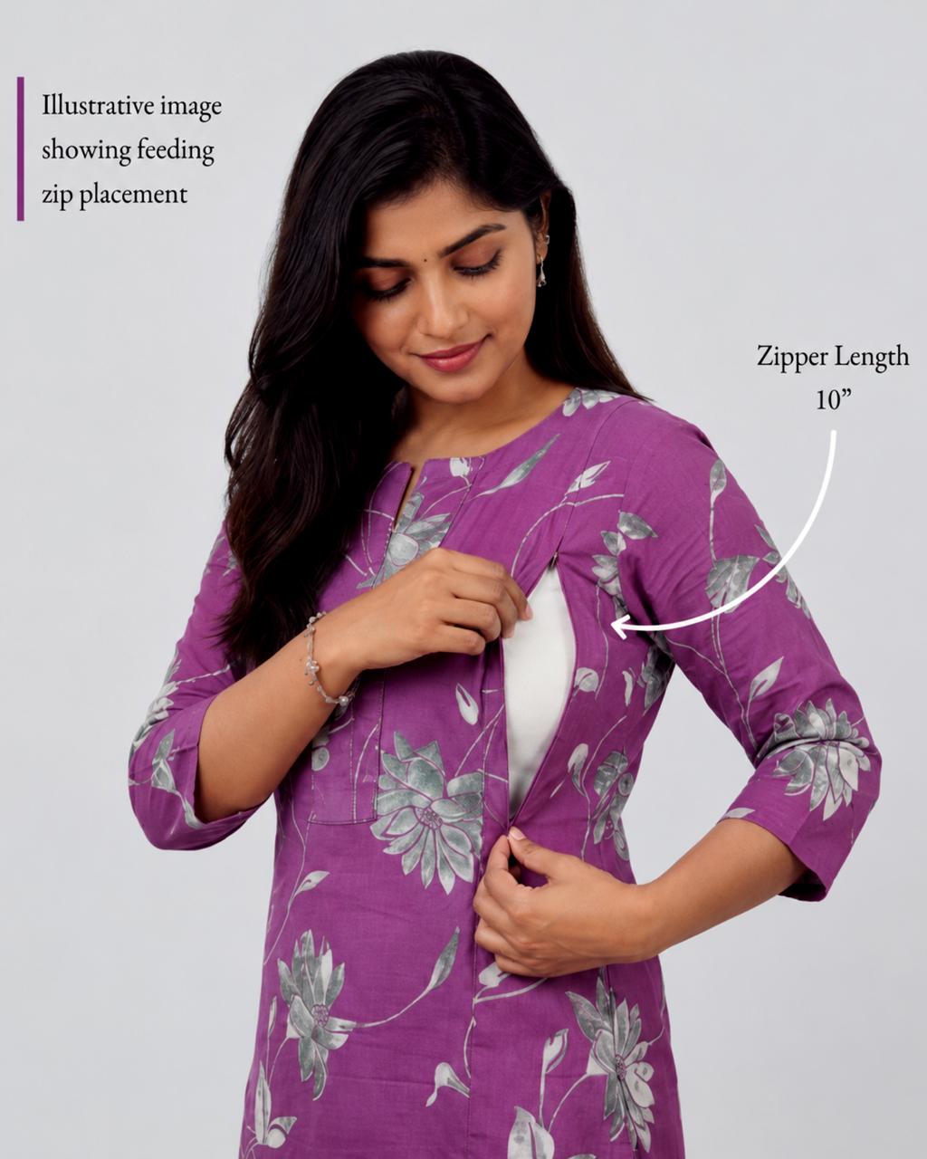MUMZHUG Pure Cotton Jaipuri Print Feeding Kurta – Lavender Floral | Maternity & Nursing Wear