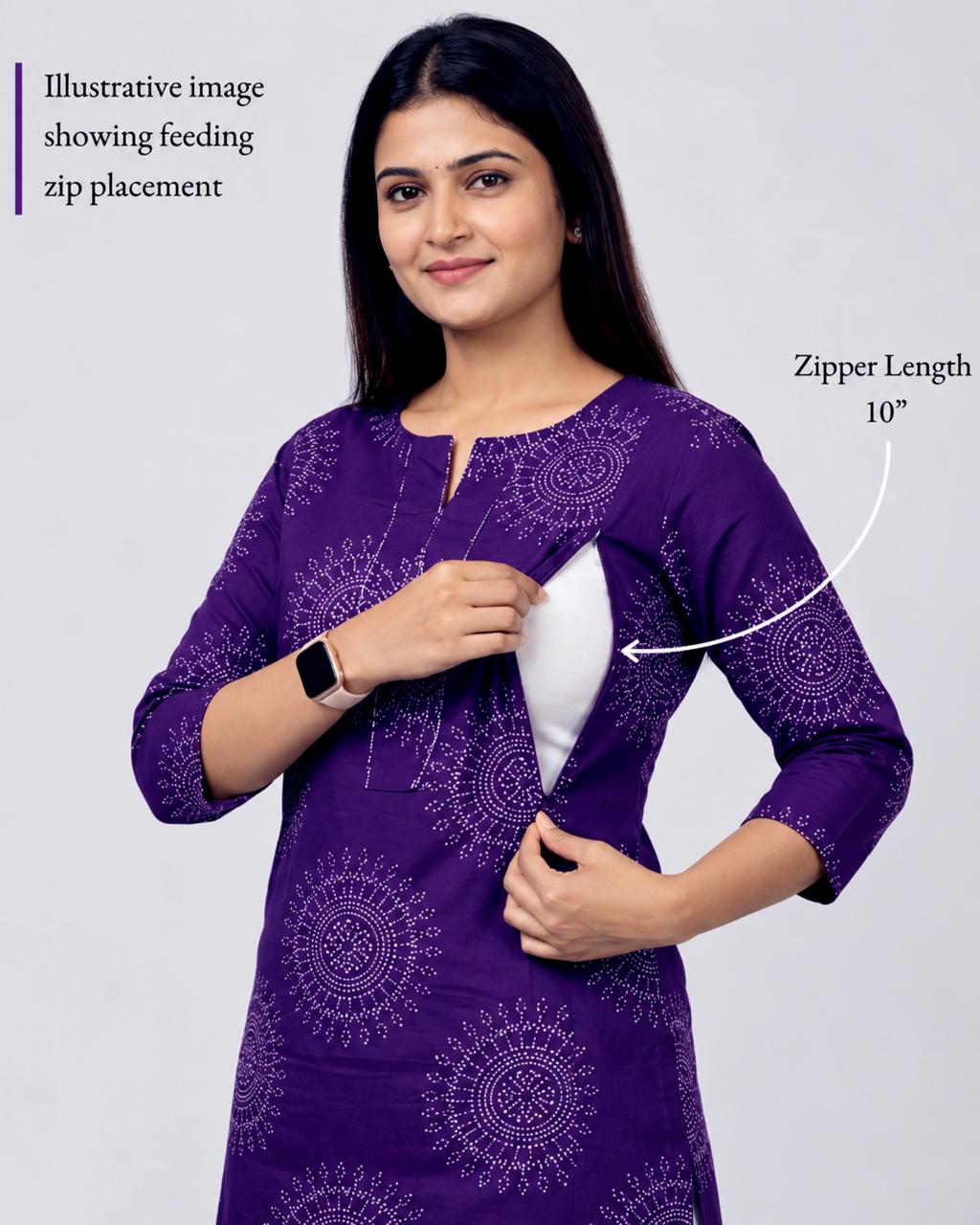 MUMZHUG Pure Cotton Jaipuri Print Feeding Kurta – Royal Purple | Maternity & Nursing Wear