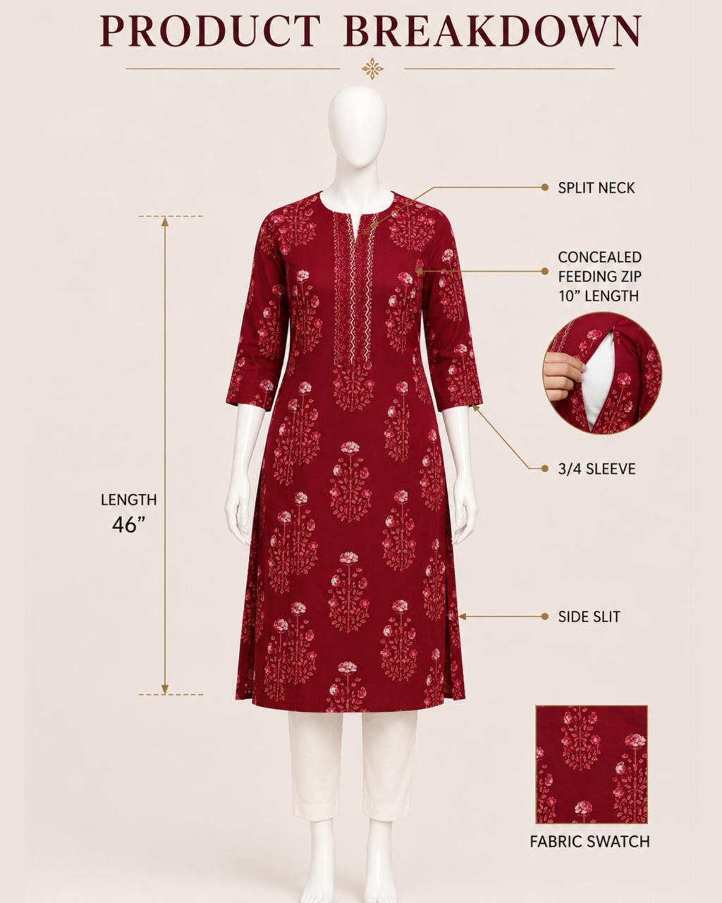 MUMZHUG Pure Cotton Jaipuri Print Feeding Kurta – Red Floral | Maternity & Nursing Wear