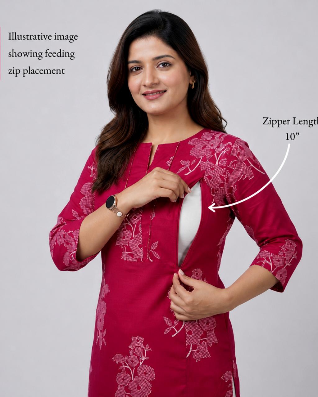 MUMZHUG Pure Cotton Jaipuri Print Feeding Kurta – Tomato Red Floral | Maternity & Nursing Wear