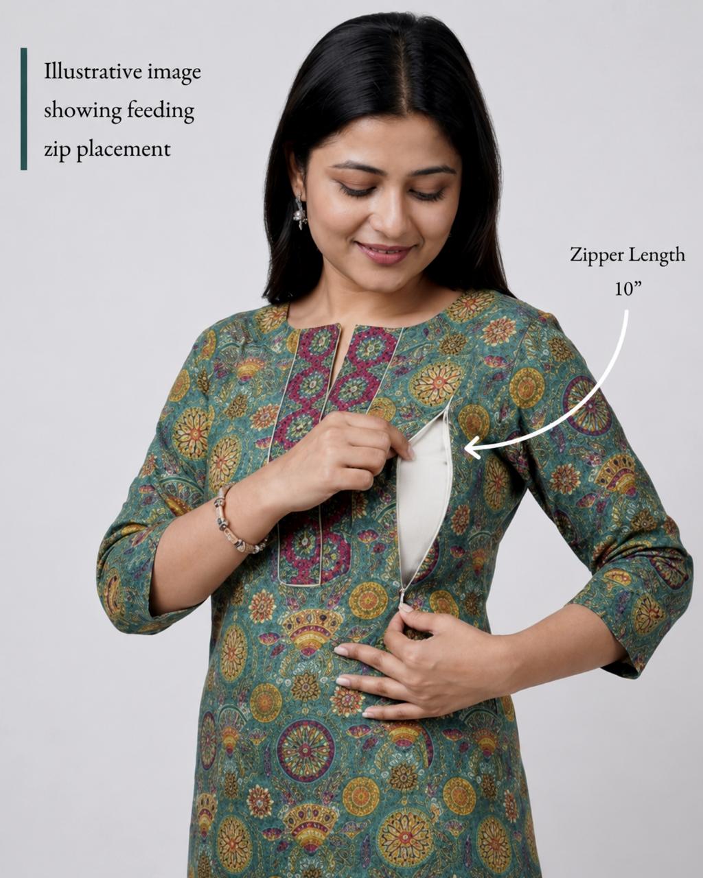 MUMZHUG Pure Cotton Jaipuri Print Feeding Kurta – Emerald Green | Maternity & Nursing Wear