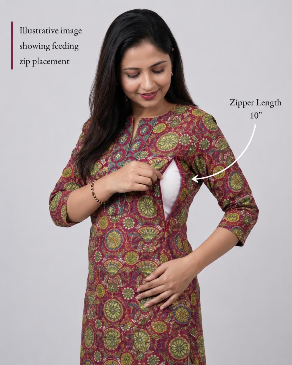 MUMZHUG Pure Cotton Jaipuri Print Feeding Kurta – Rani Pink | Maternity & Nursing Wear