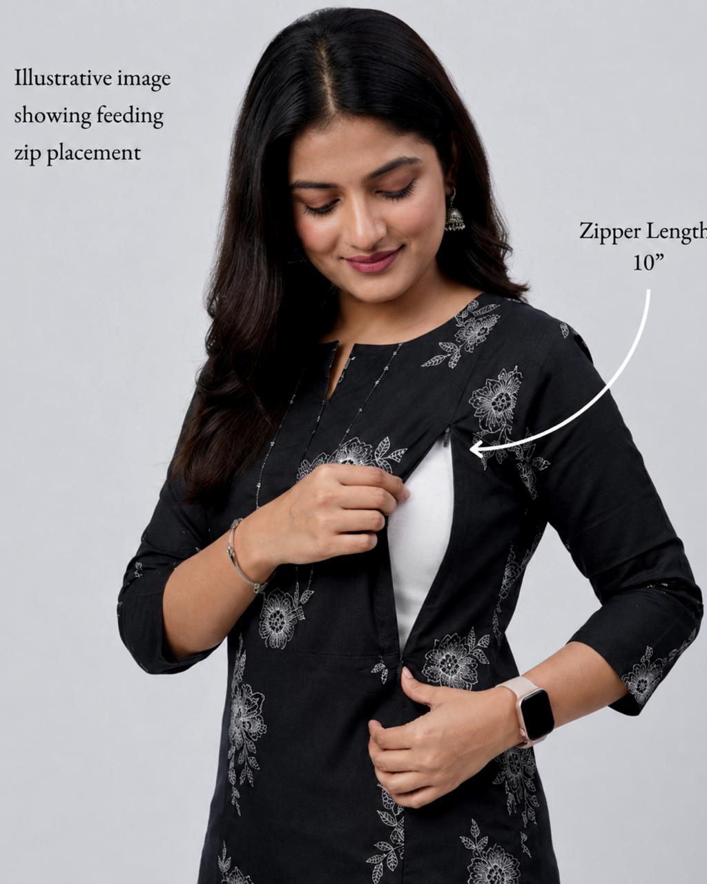 MUMZHUG Pure Cotton Jaipuri Print Feeding Kurta – Classic Black Floral | Maternity & Nursing Wear