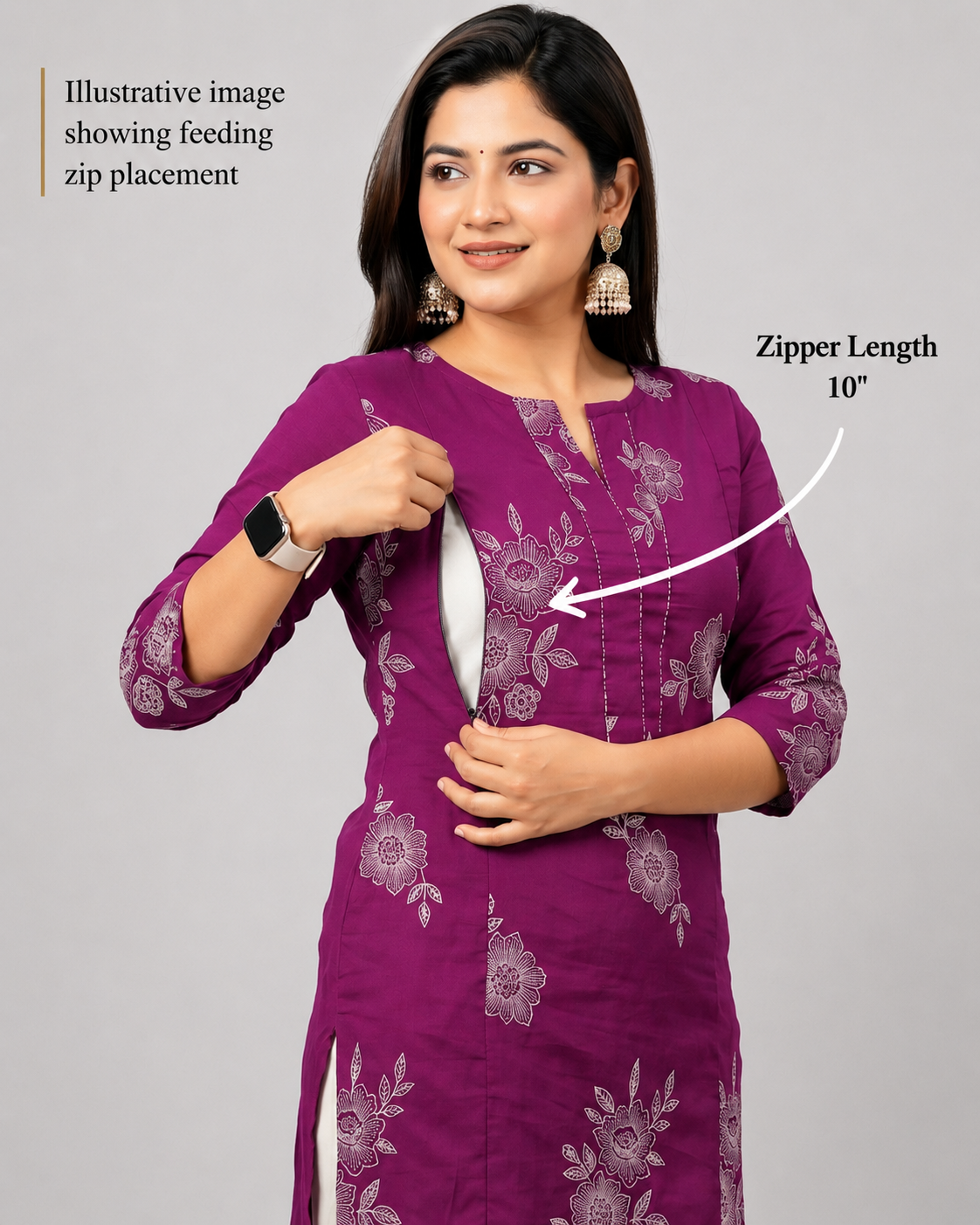 Mumzhug pure cotton jaipuri print wine colored feeding kurta