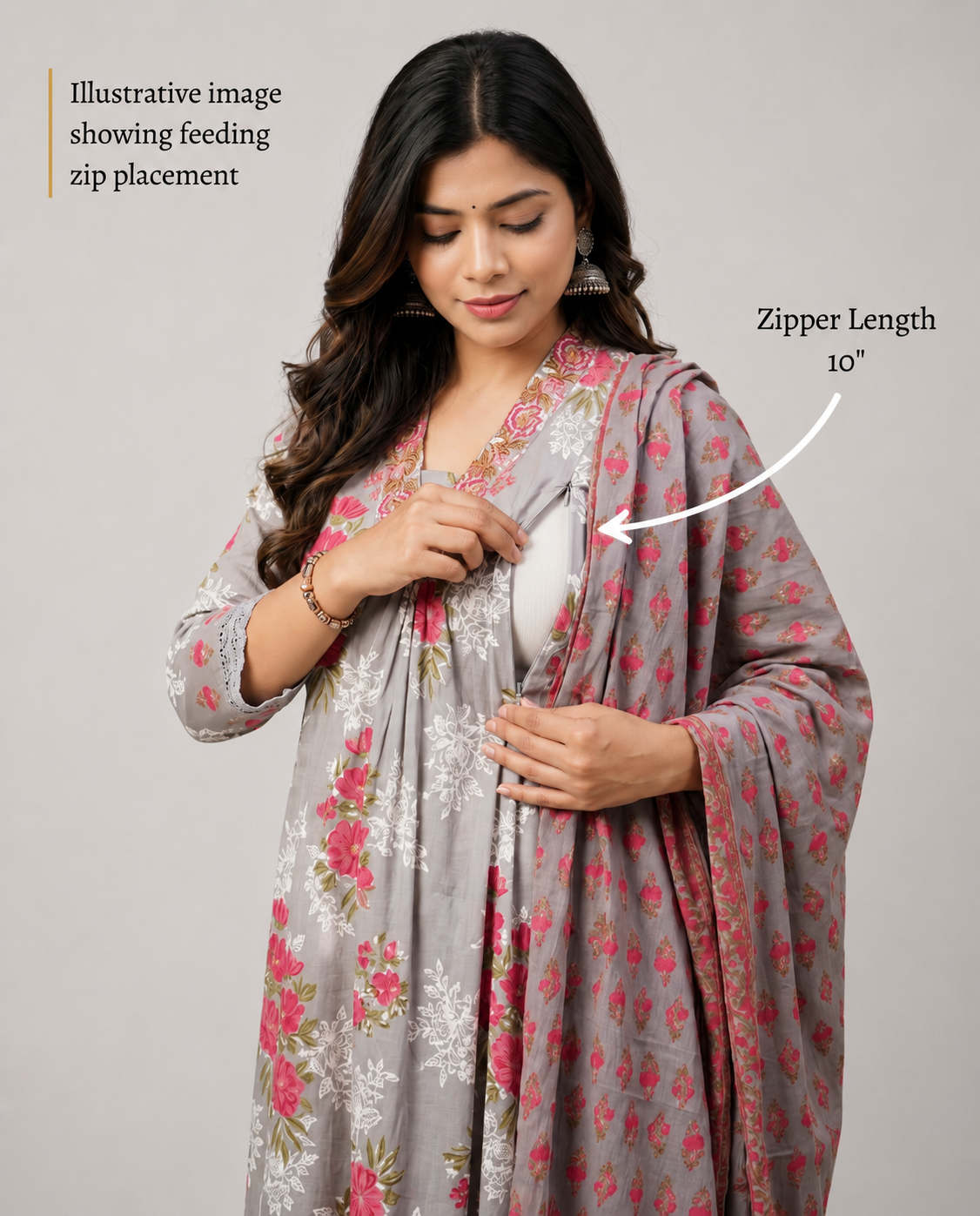 Grey Pure Cotton Maternity & Feeding Kurta Pant Set with Dupatta – Mumzhug Ethnic Wear