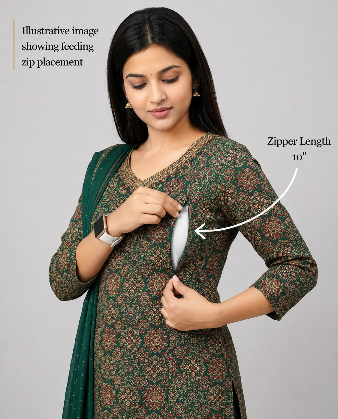 Mumzhug Pure Jaipuri Cotton Bottle Green Colored Feeding Kurta Pant and Dupatta Set-
