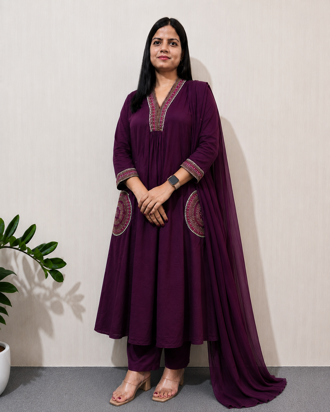 MUMZHUG Pure Cotton Wine Embroidered Feeding & Maternity Kurta Pant with Chiffon Dupatta Set | Nursing Wear for Moms | Rakhi Collection | Dispatch Starts from 7th August